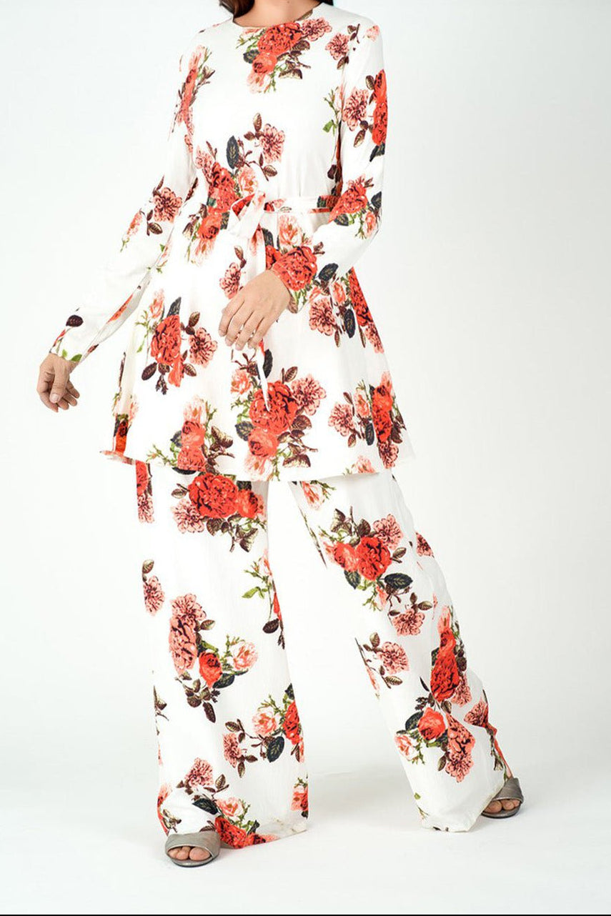 White floral Modest Matching set Kabayare