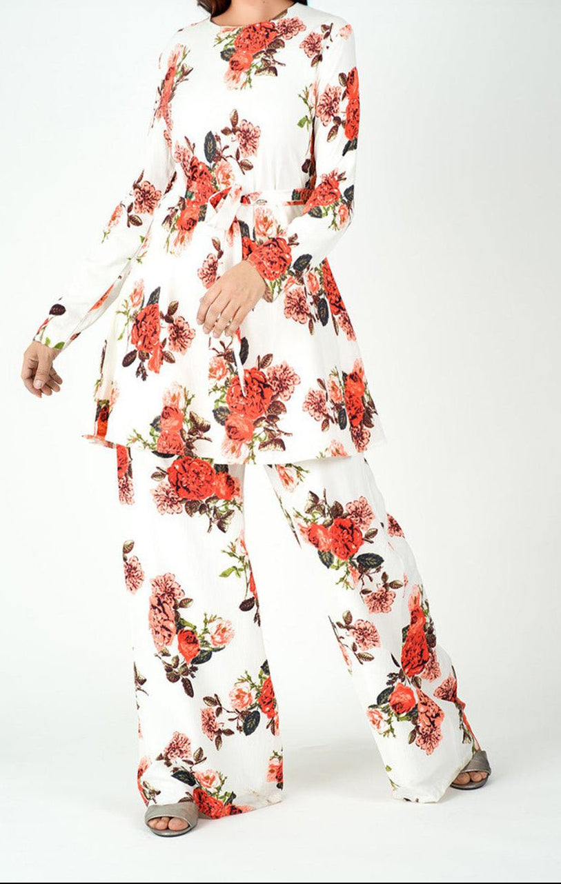 White floral Modest Matching set Kabayare