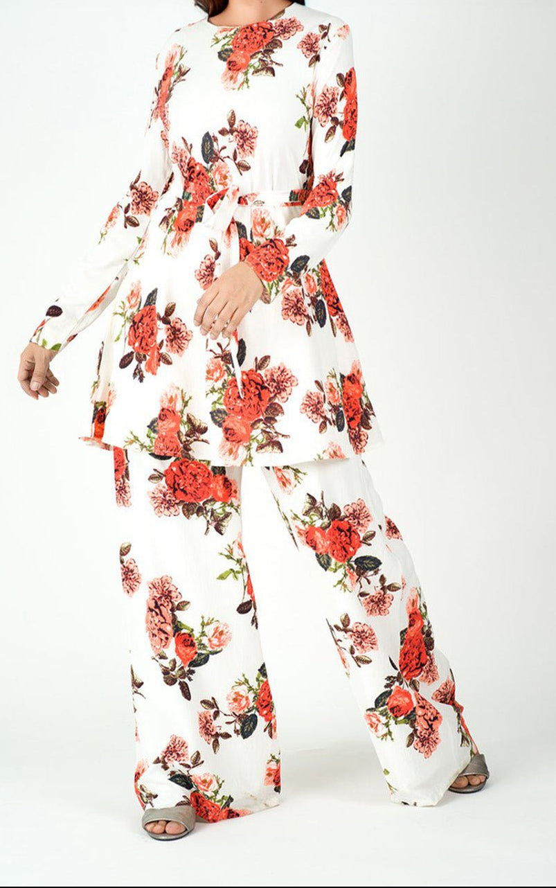 White floral Modest Matching set Kabayare