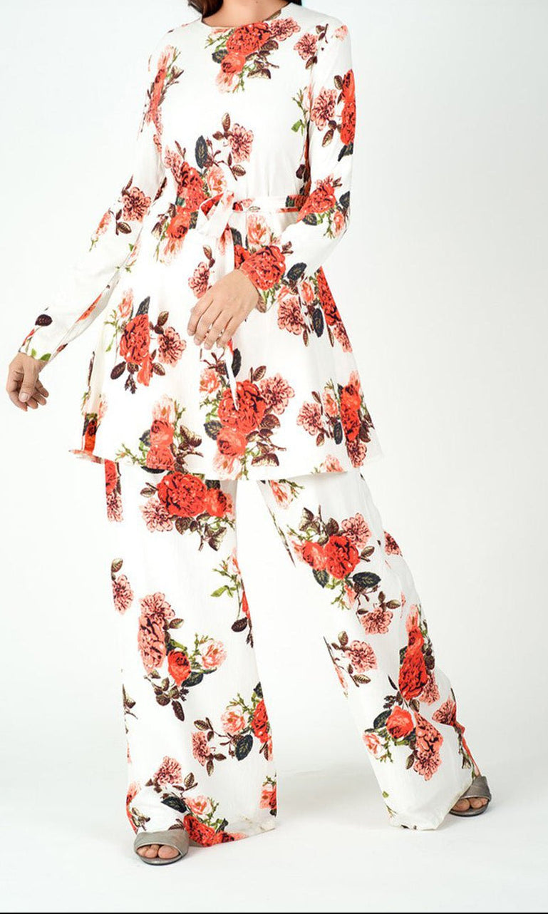 White floral Modest Matching set Kabayare