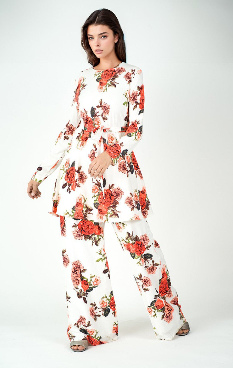 White floral Modest Matching set Kabayare