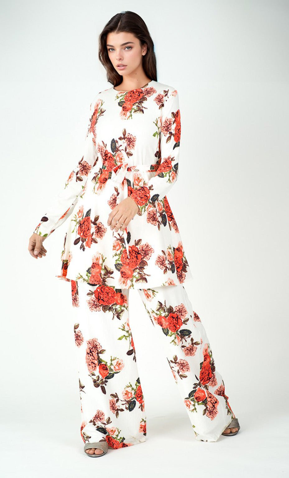 White floral Modest Matching set Kabayare