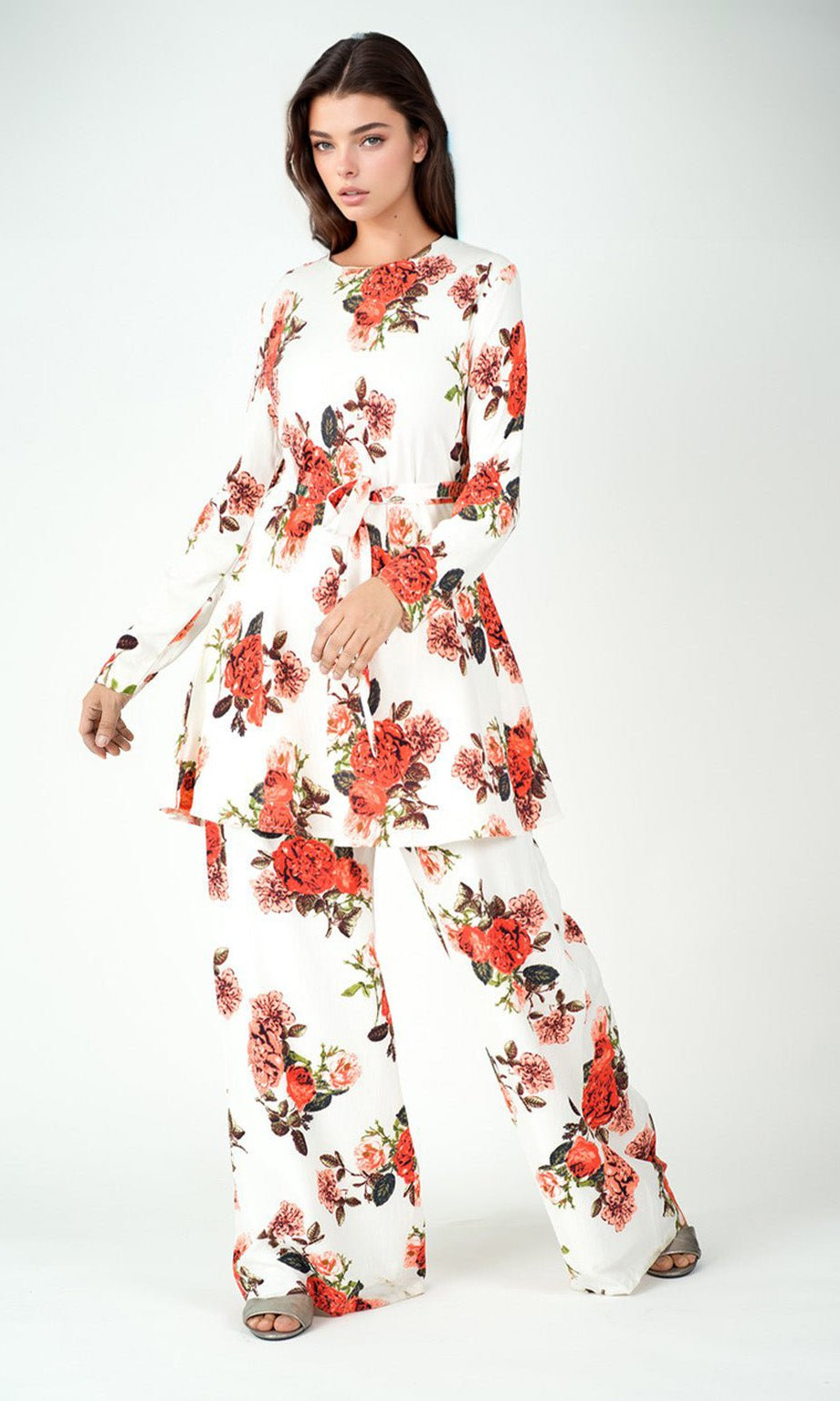 White floral Modest Matching set Kabayare