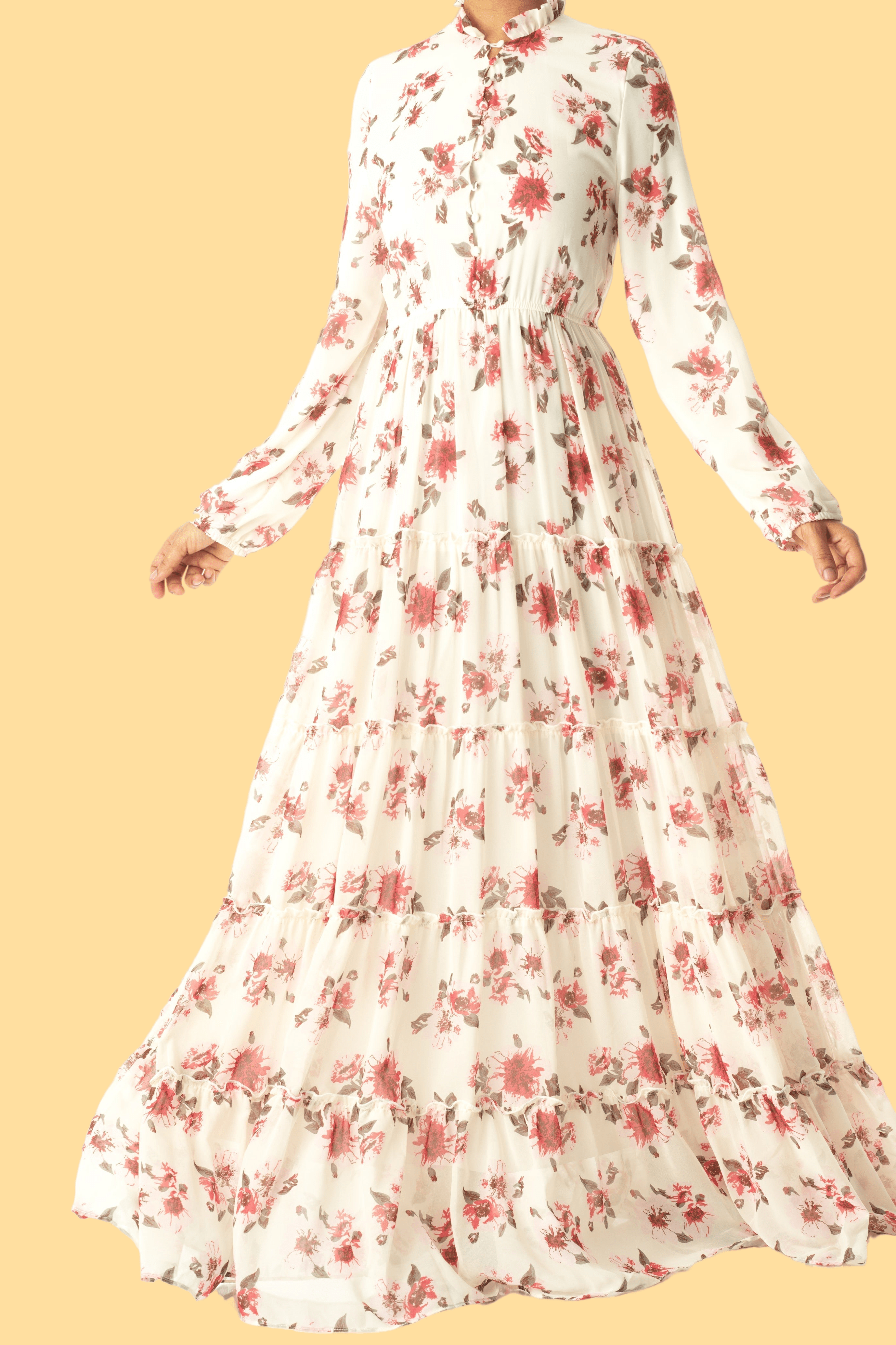 White Hibiscus floral print modest maxi dress Kabayare