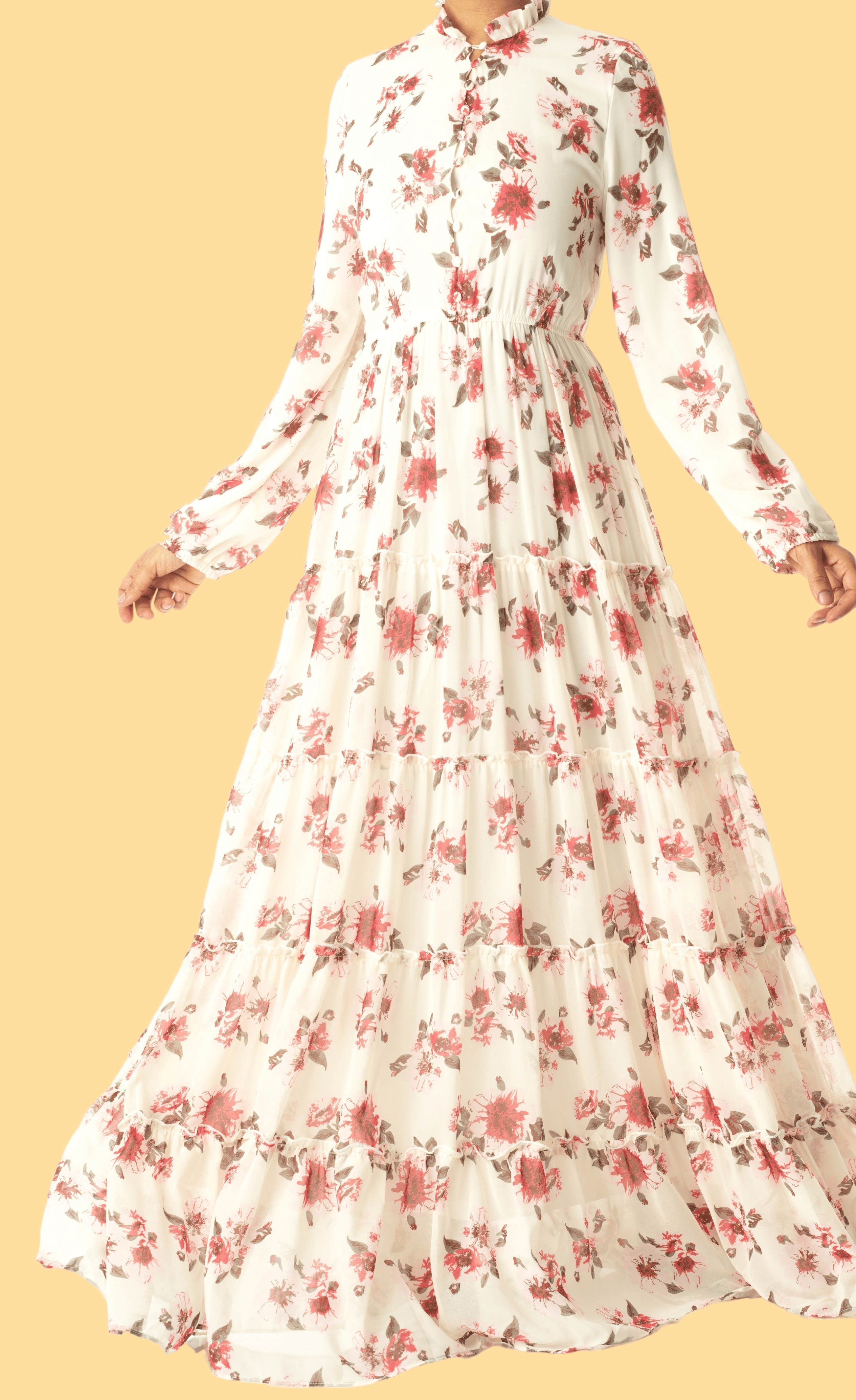 White Hibiscus floral print modest maxi dress Kabayare