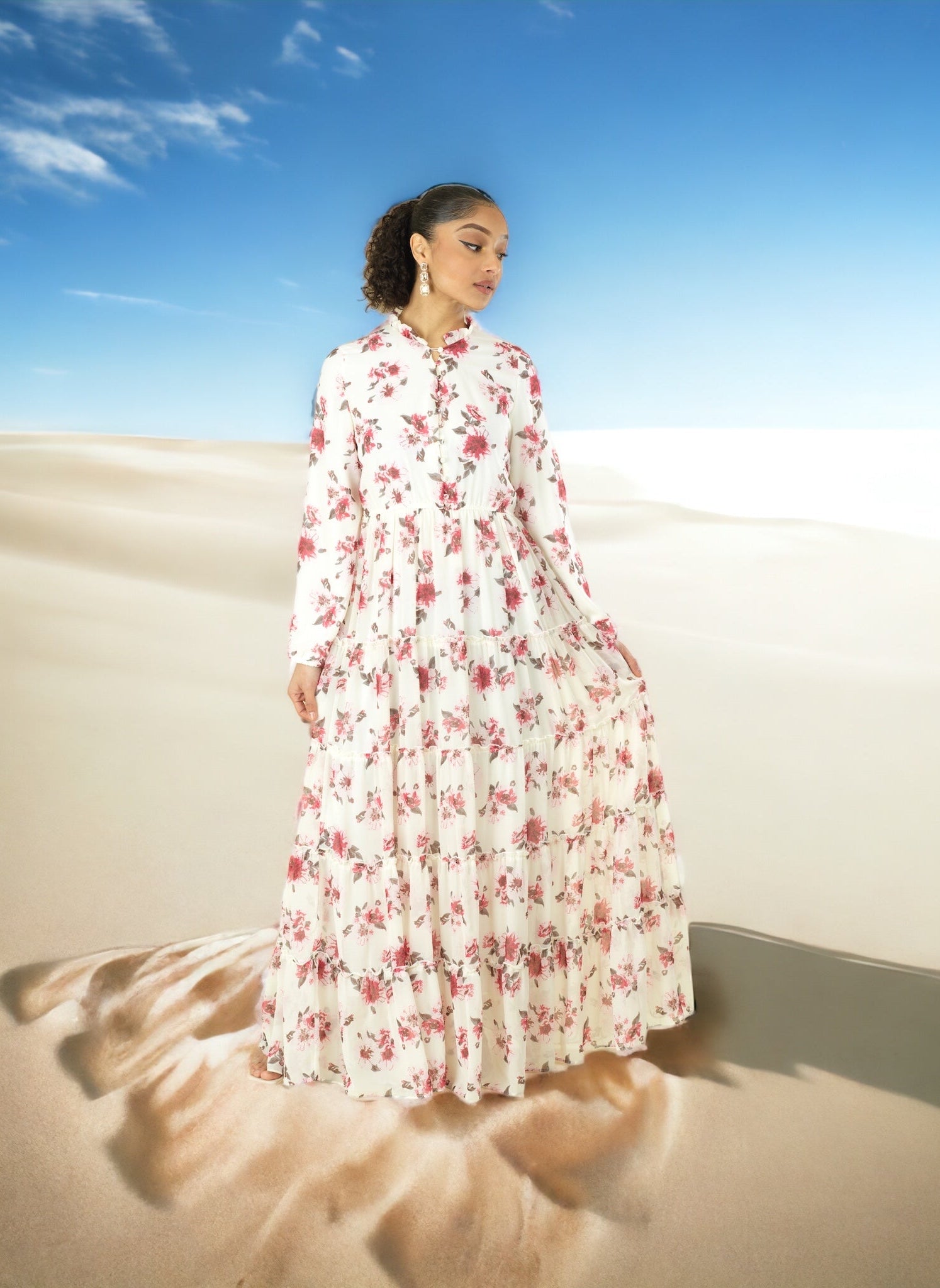 White Hibiscus floral print modest maxi dress Kabayare