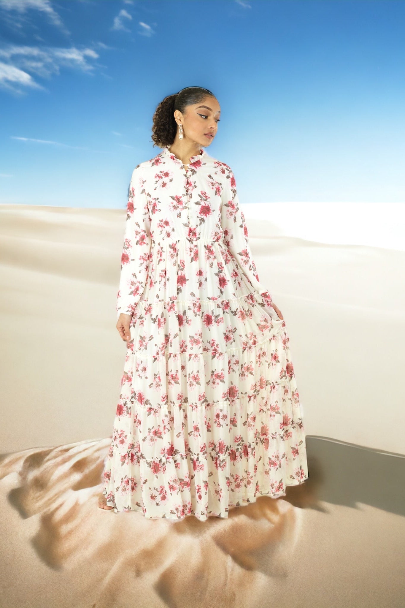 White Hibiscus floral print modest maxi dress Kabayare