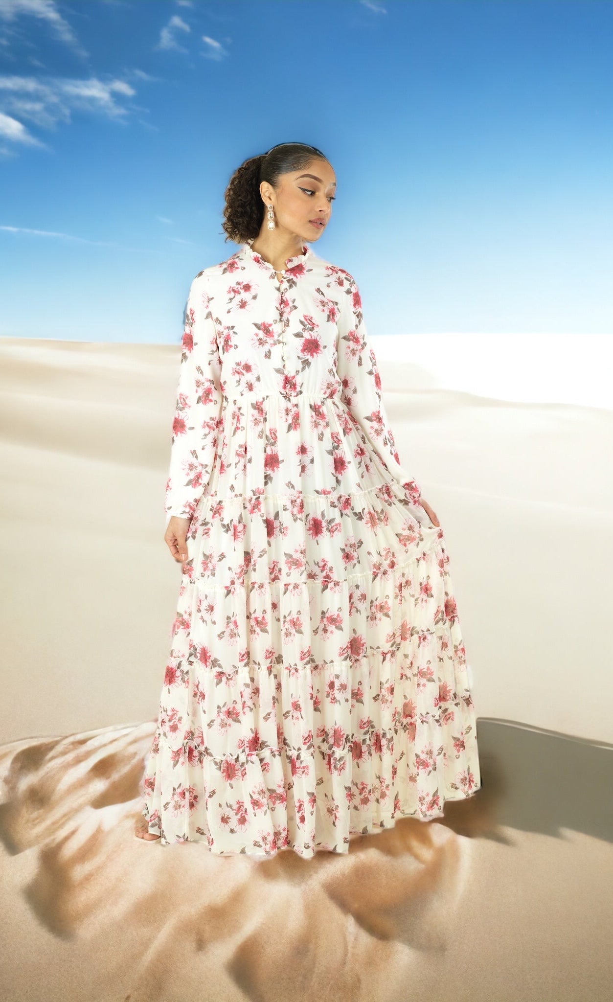 White Hibiscus floral print modest maxi dress Kabayare