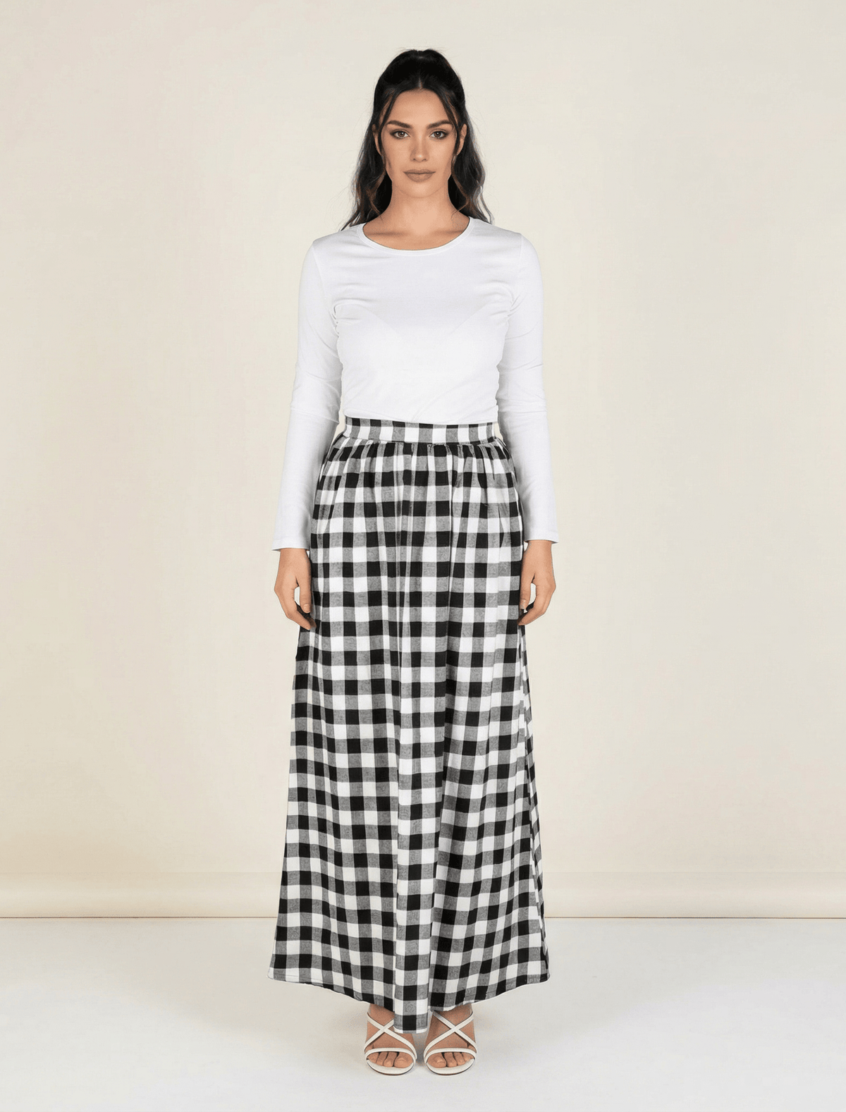 White Plaid Maxi Skirt Kabayare
