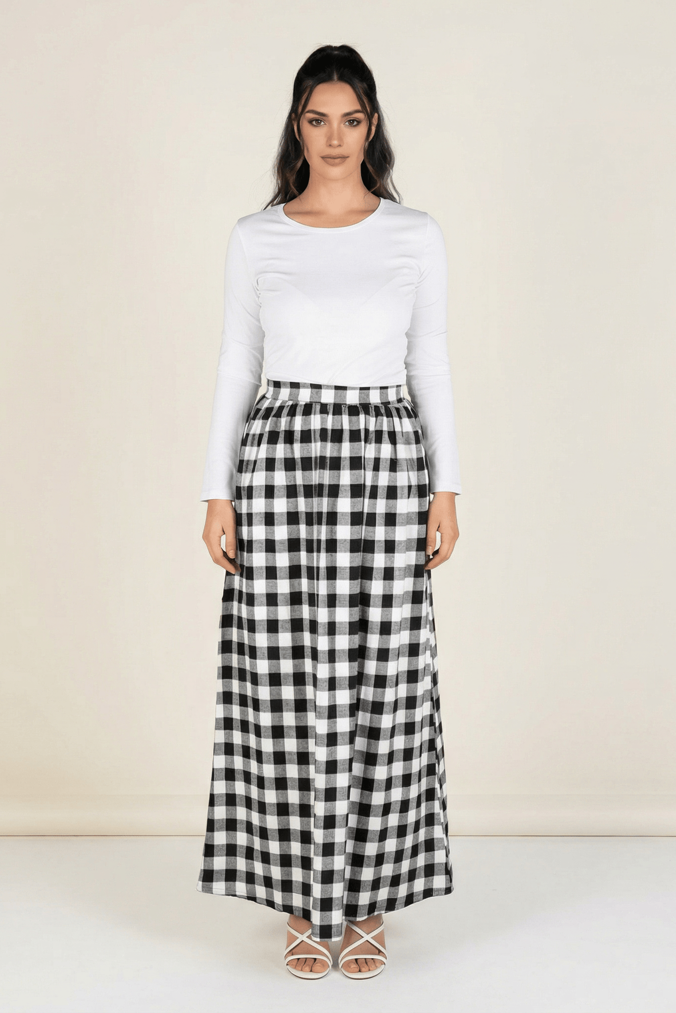 White Plaid Maxi Skirt Kabayare
