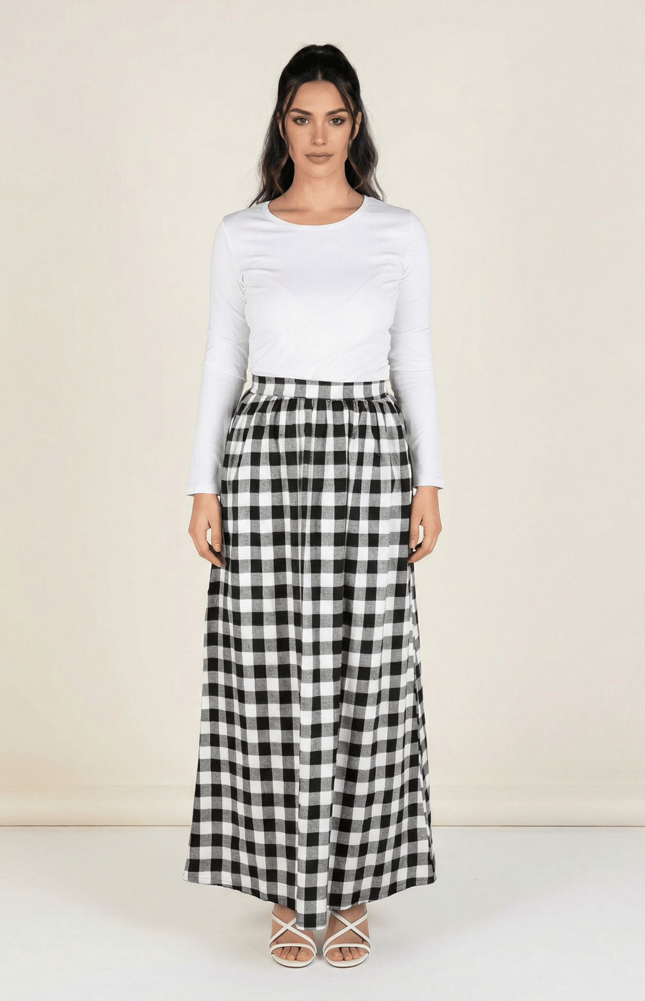 White Plaid Maxi Skirt Kabayare
