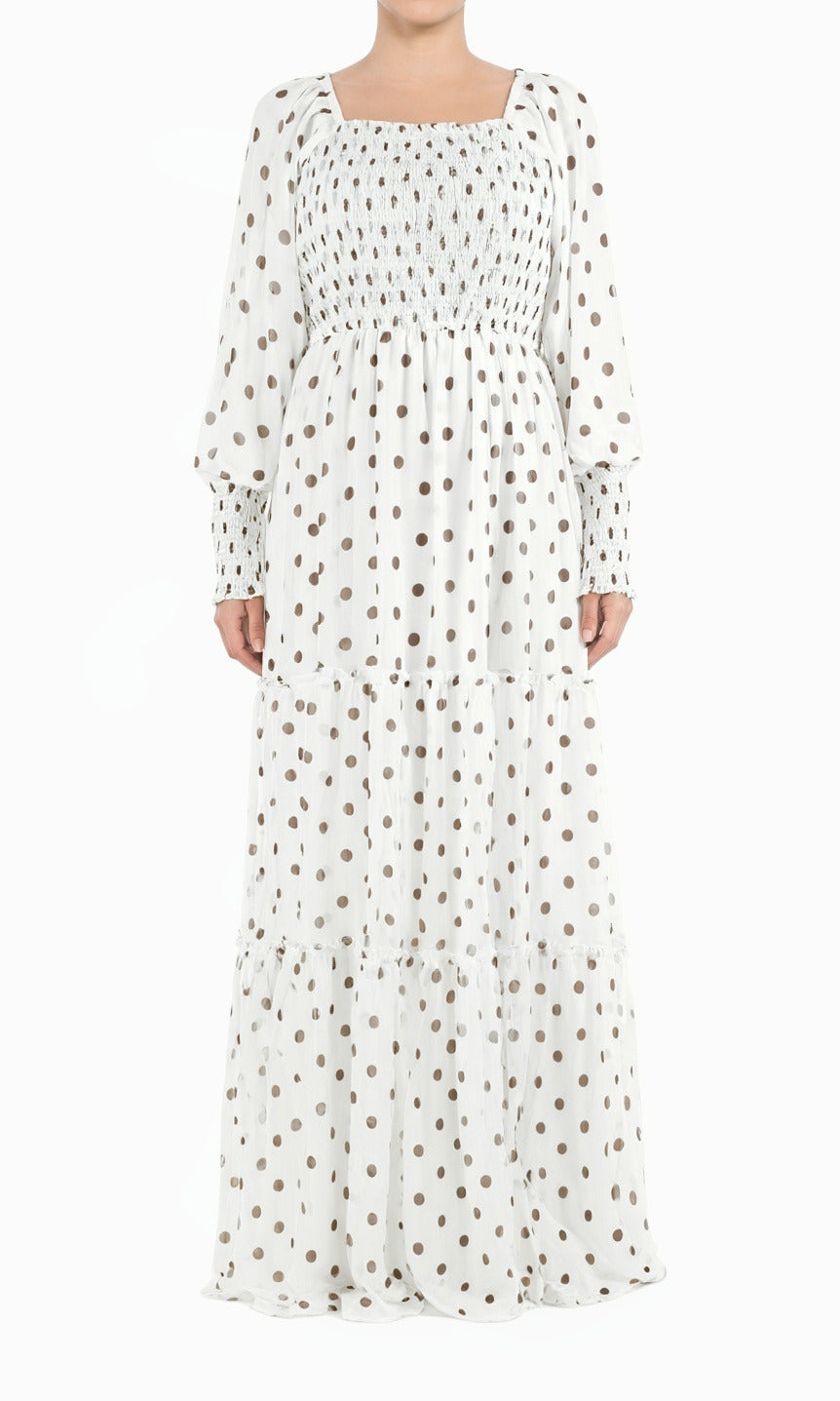 White Polka Dot Sorrento Smocked Tiered Modest Maxi Dress Kabayare