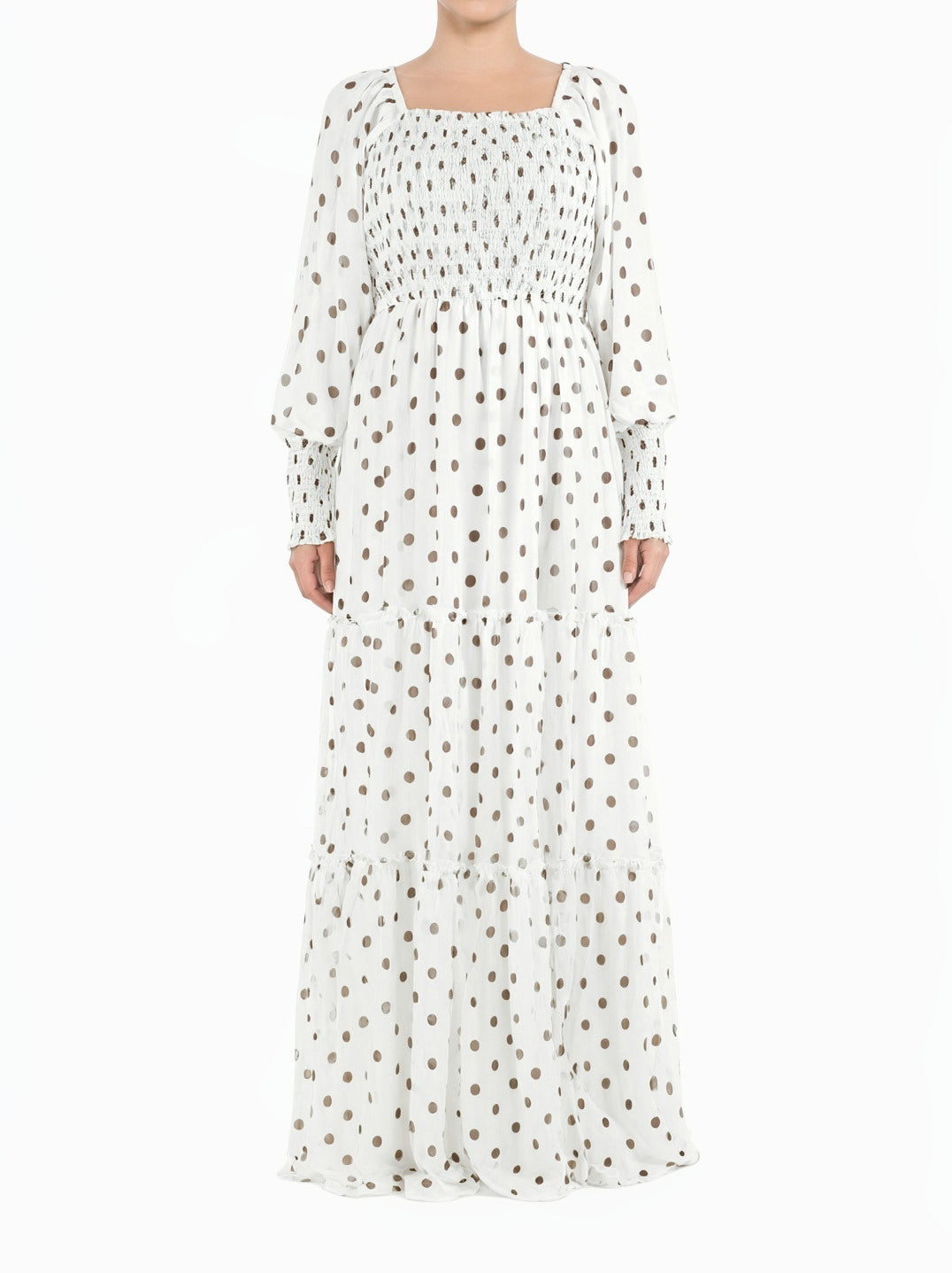 White Polka Dot Sorrento Smocked Tiered Modest Maxi Dress Kabayare