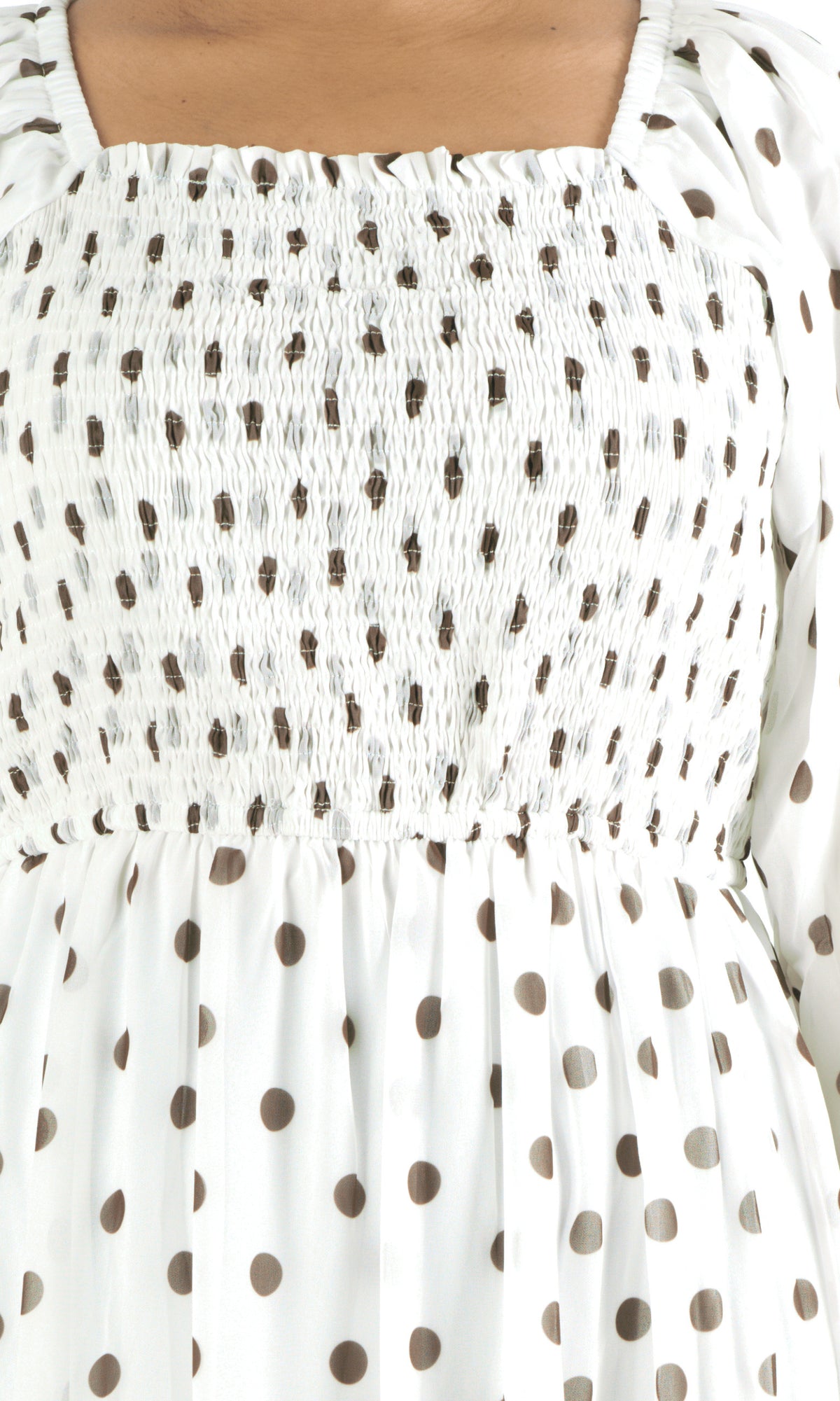 White Polka Dot Sorrento Smocked Tiered Modest Maxi Dress: smocked bodice detail