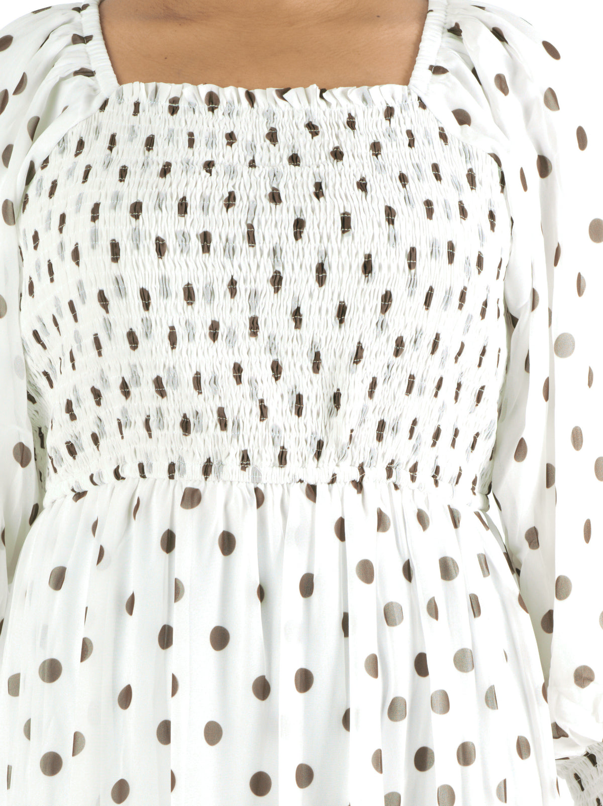 White Polka Dot Sorrento Smocked Tiered Modest Maxi Dress: smocked bodice detail