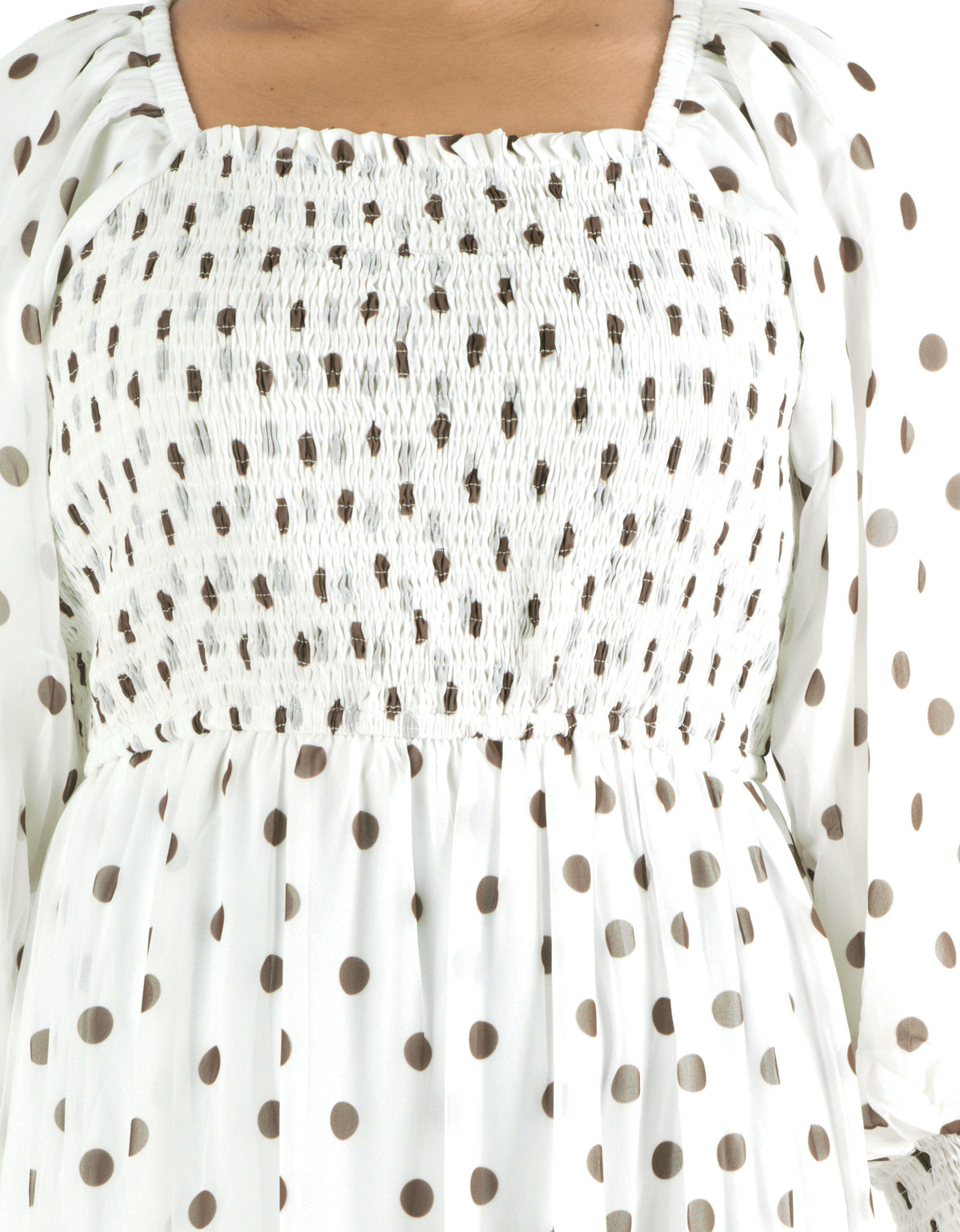 White Polka Dot Sorrento Smocked Tiered Modest Maxi Dress: smocked bodice detail