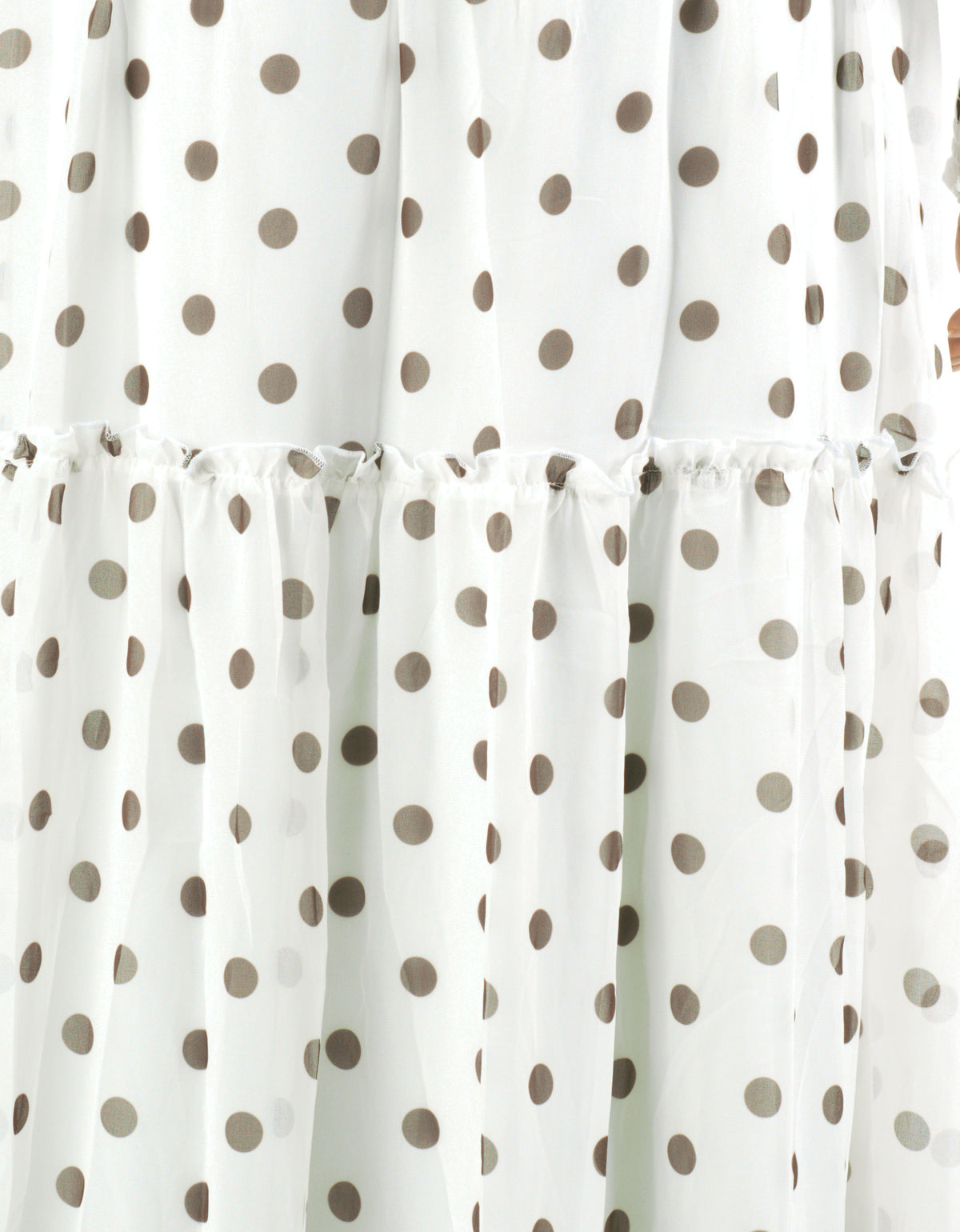 White Polka Dot Sorrento Smocked Tiered Modest Maxi Dress: tier and dot detail