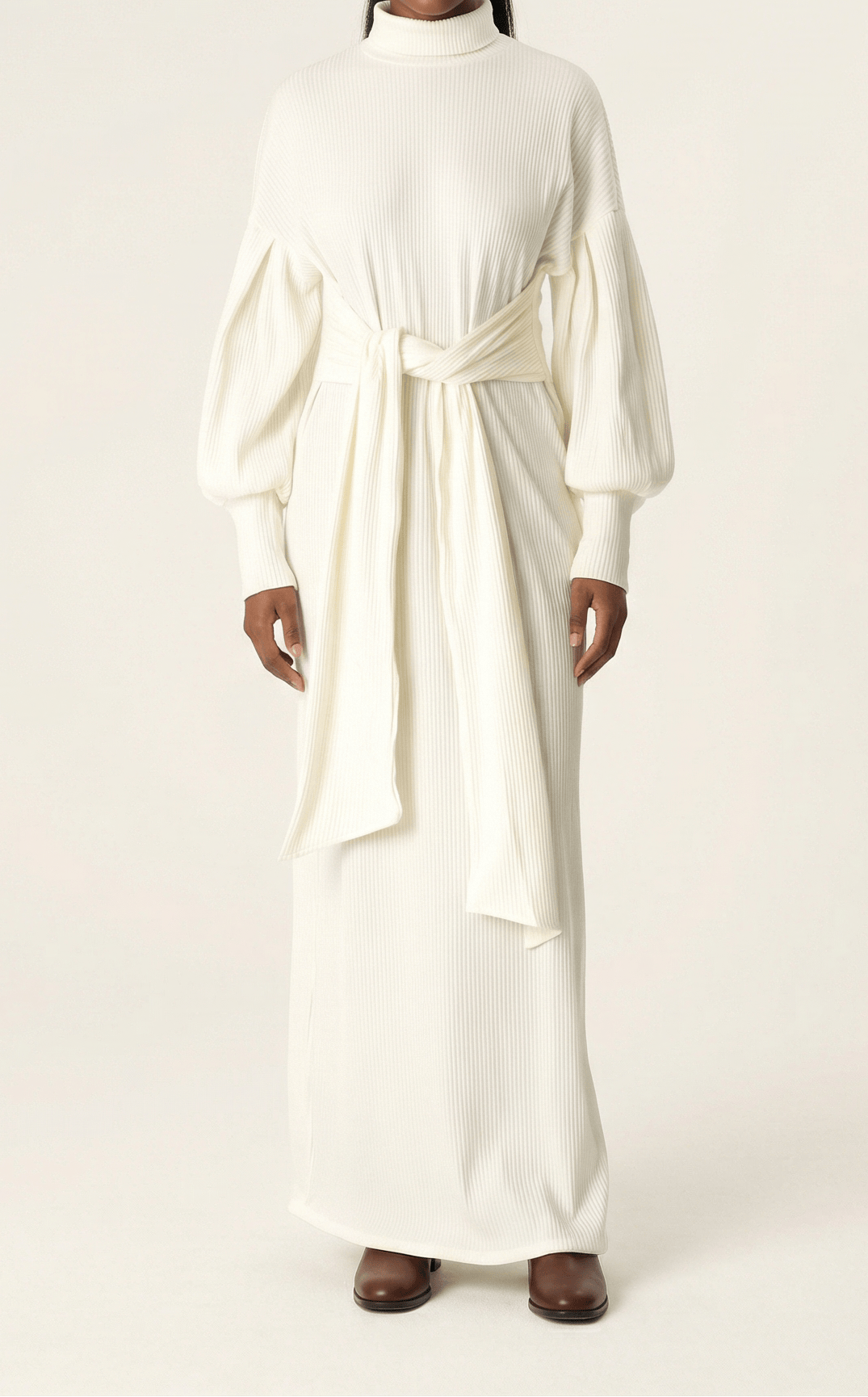 White Ribbed-Knit Turtleneck Sweater Dress Kabayare