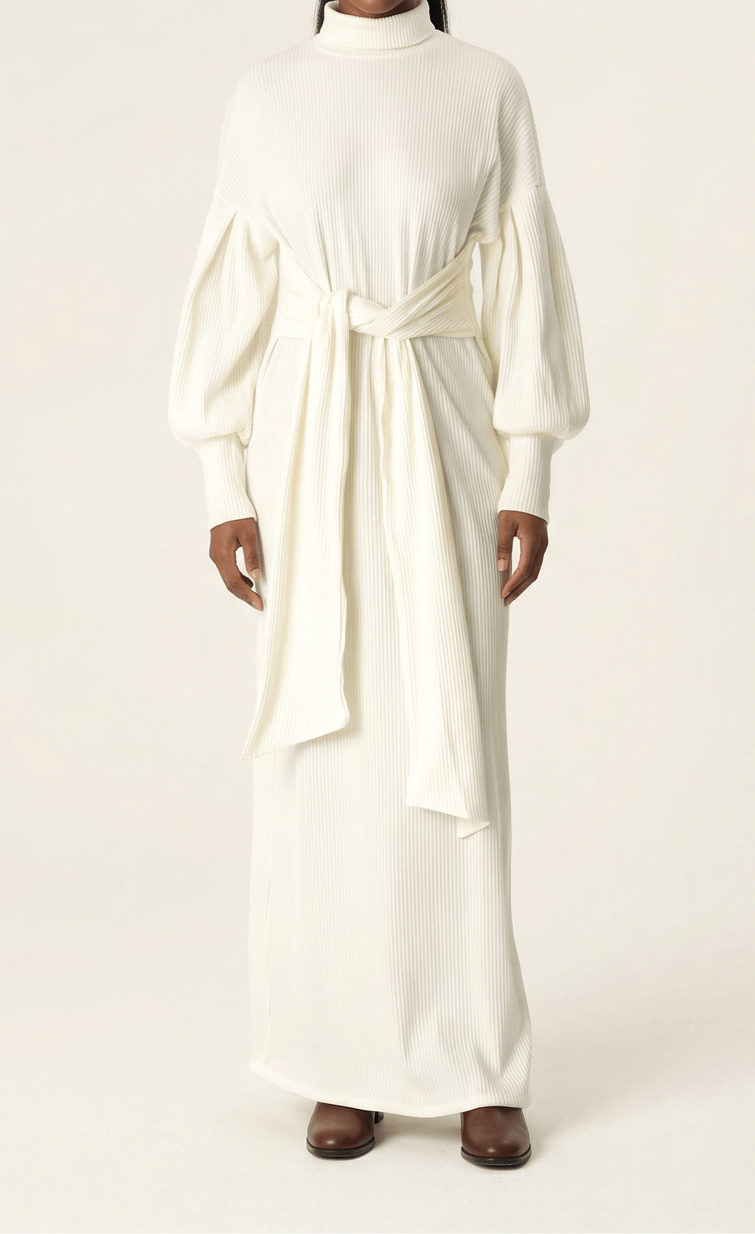 White Ribbed-Knit Turtleneck Sweater Dress Kabayare