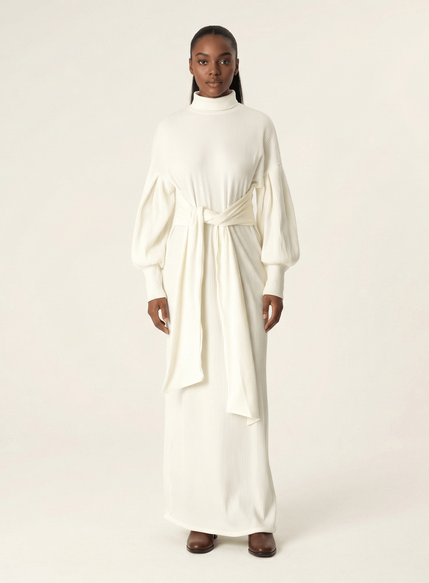 White Ribbed-Knit Turtleneck Sweater Dress Kabayare