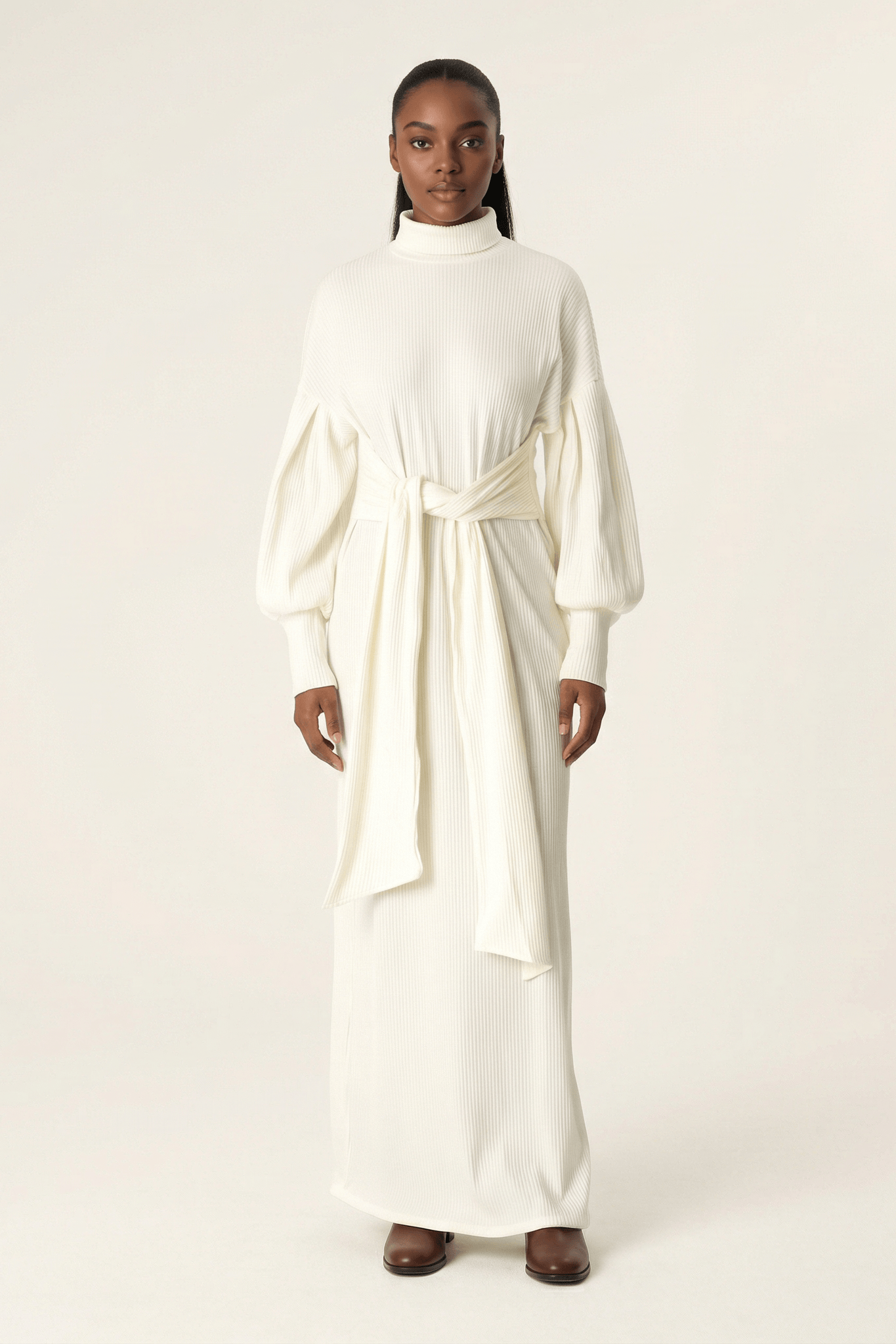 White Ribbed-Knit Turtleneck Sweater Dress Kabayare