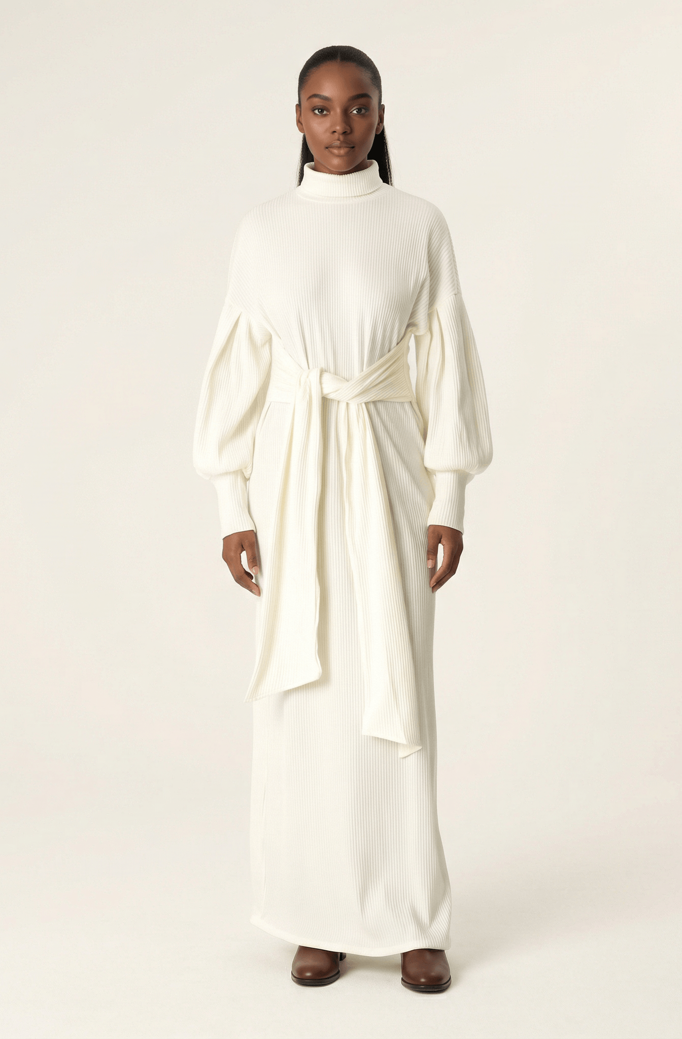 White Ribbed-Knit Turtleneck Sweater Dress Kabayare