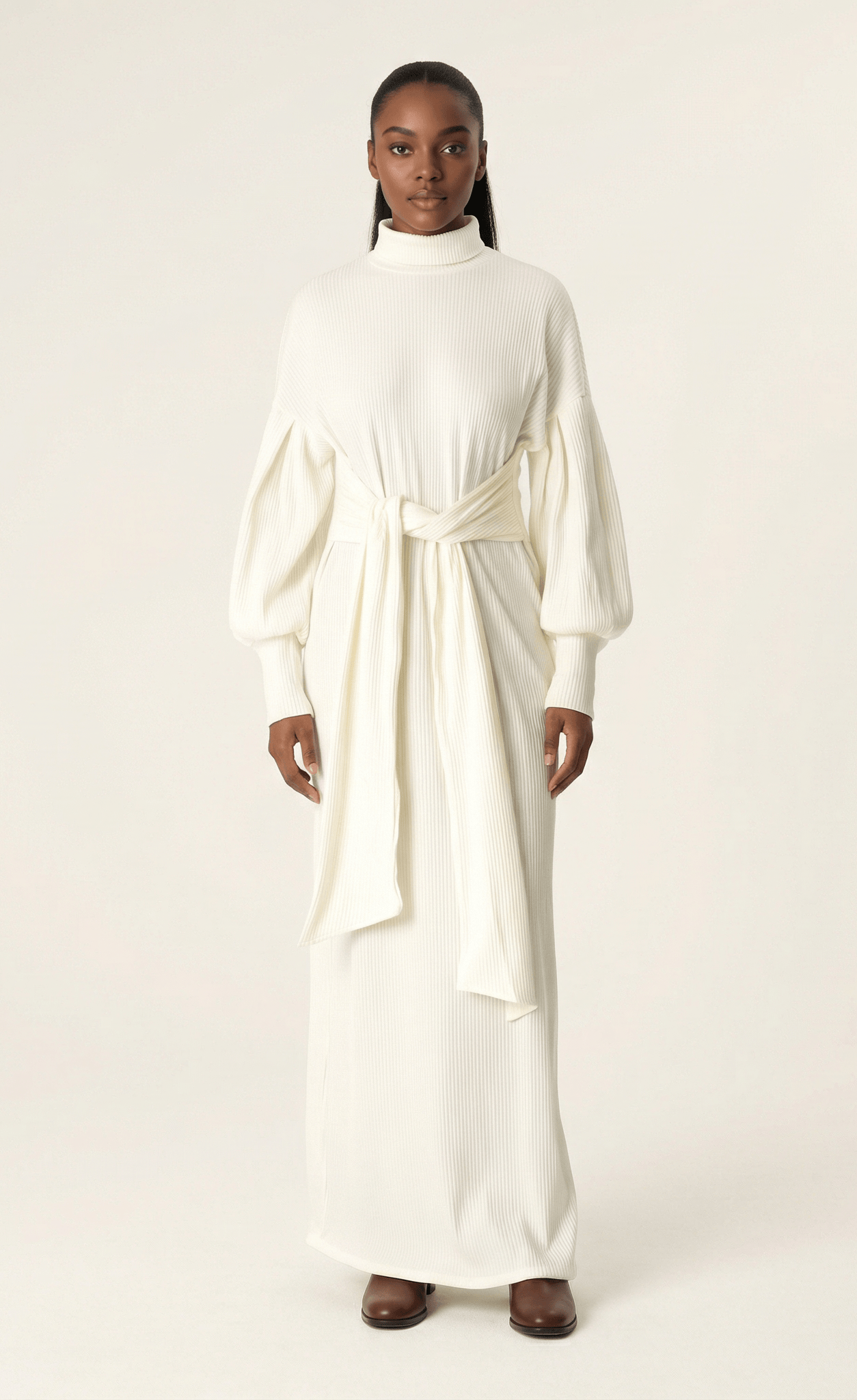 White Ribbed-Knit Turtleneck Sweater Dress Kabayare