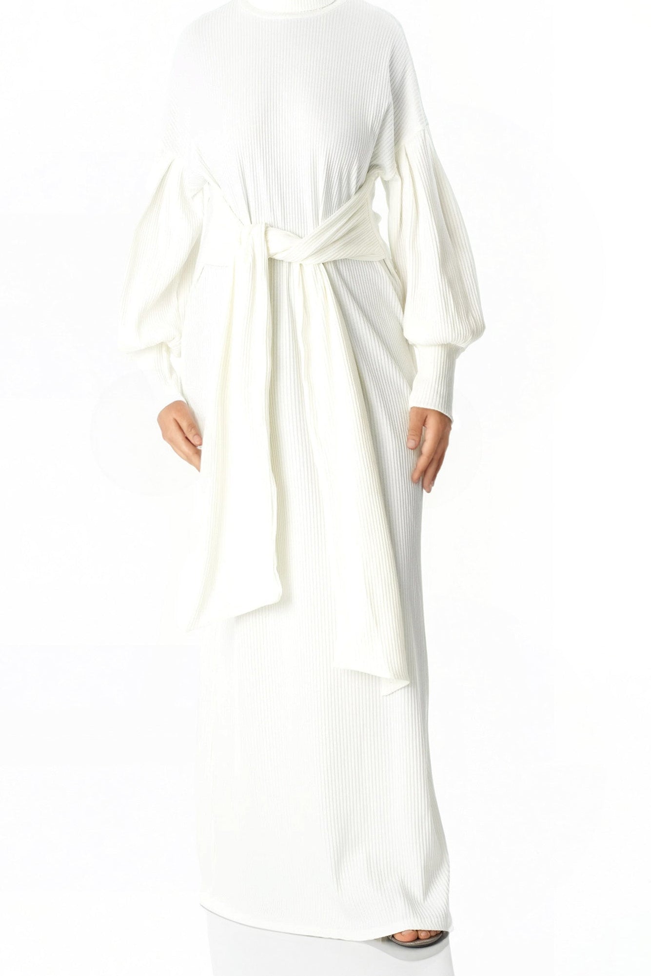 White Ribbed-Knit Turtleneck Sweater Dress Kabayare