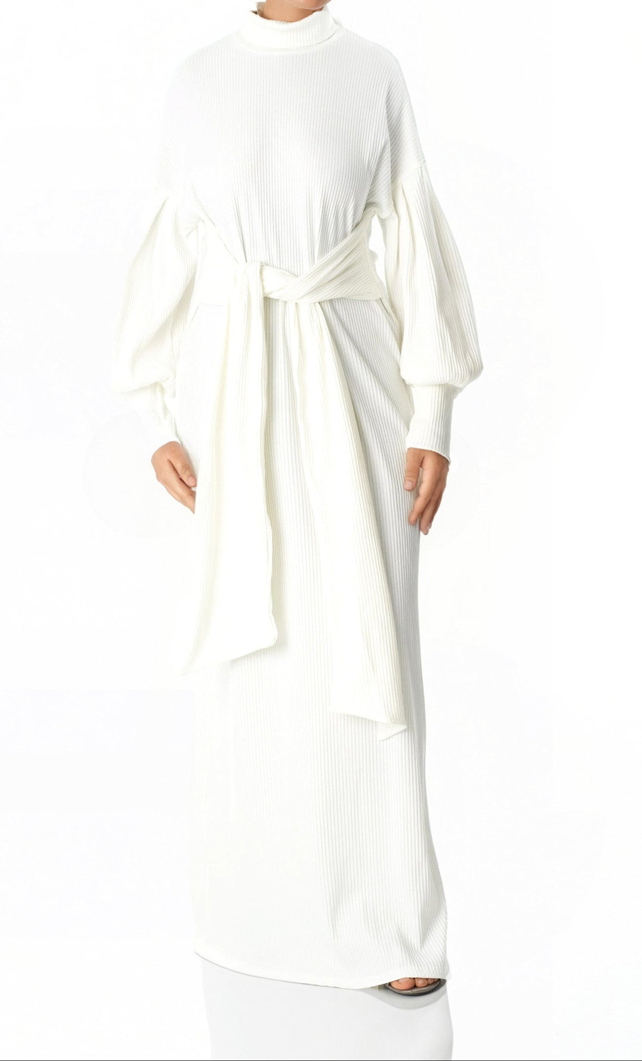 White Ribbed-Knit Turtleneck Sweater Dress Kabayare