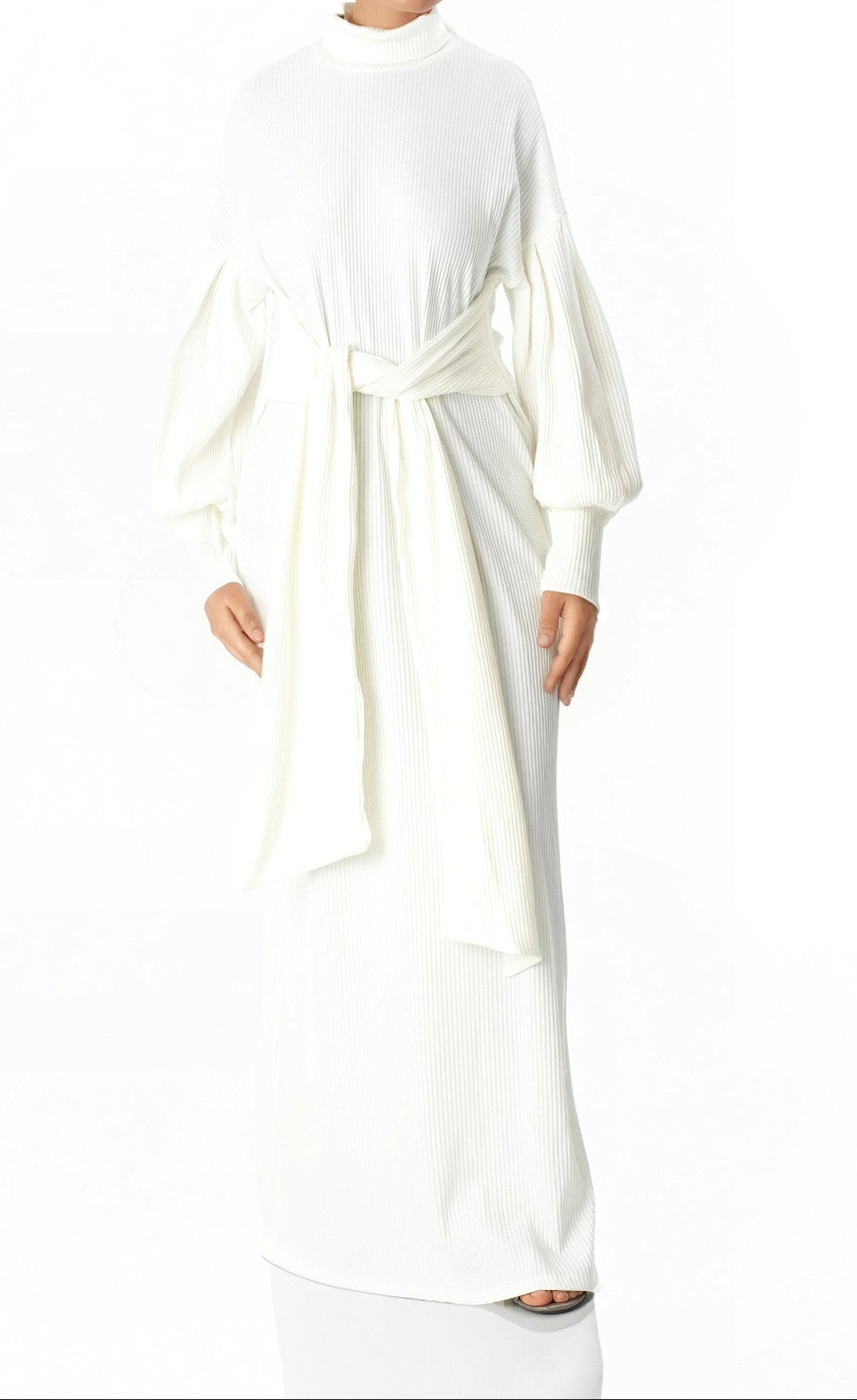 White Ribbed-Knit Turtleneck Sweater Dress Kabayare