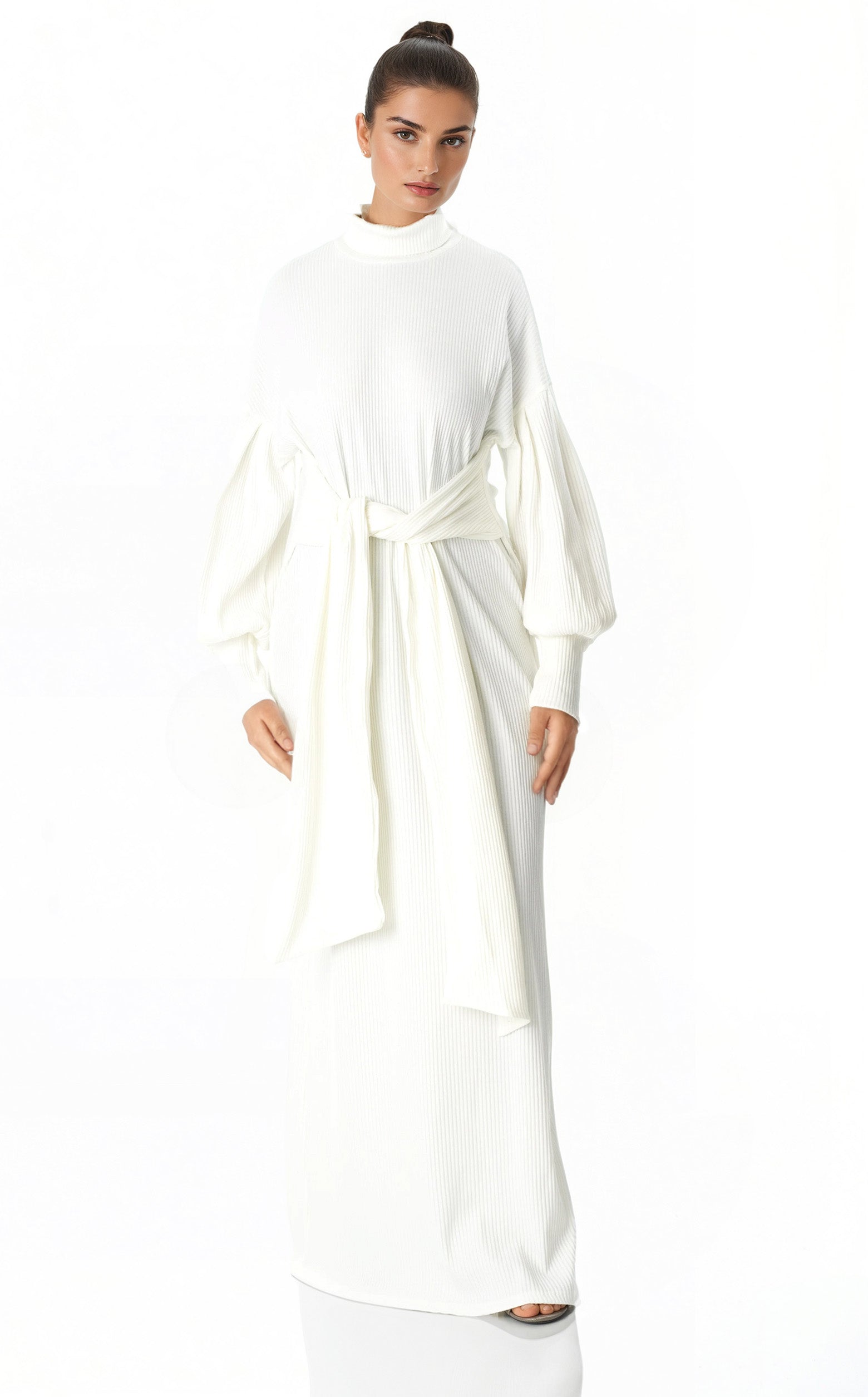 White Ribbed-Knit Turtleneck Sweater Dress Kabayare