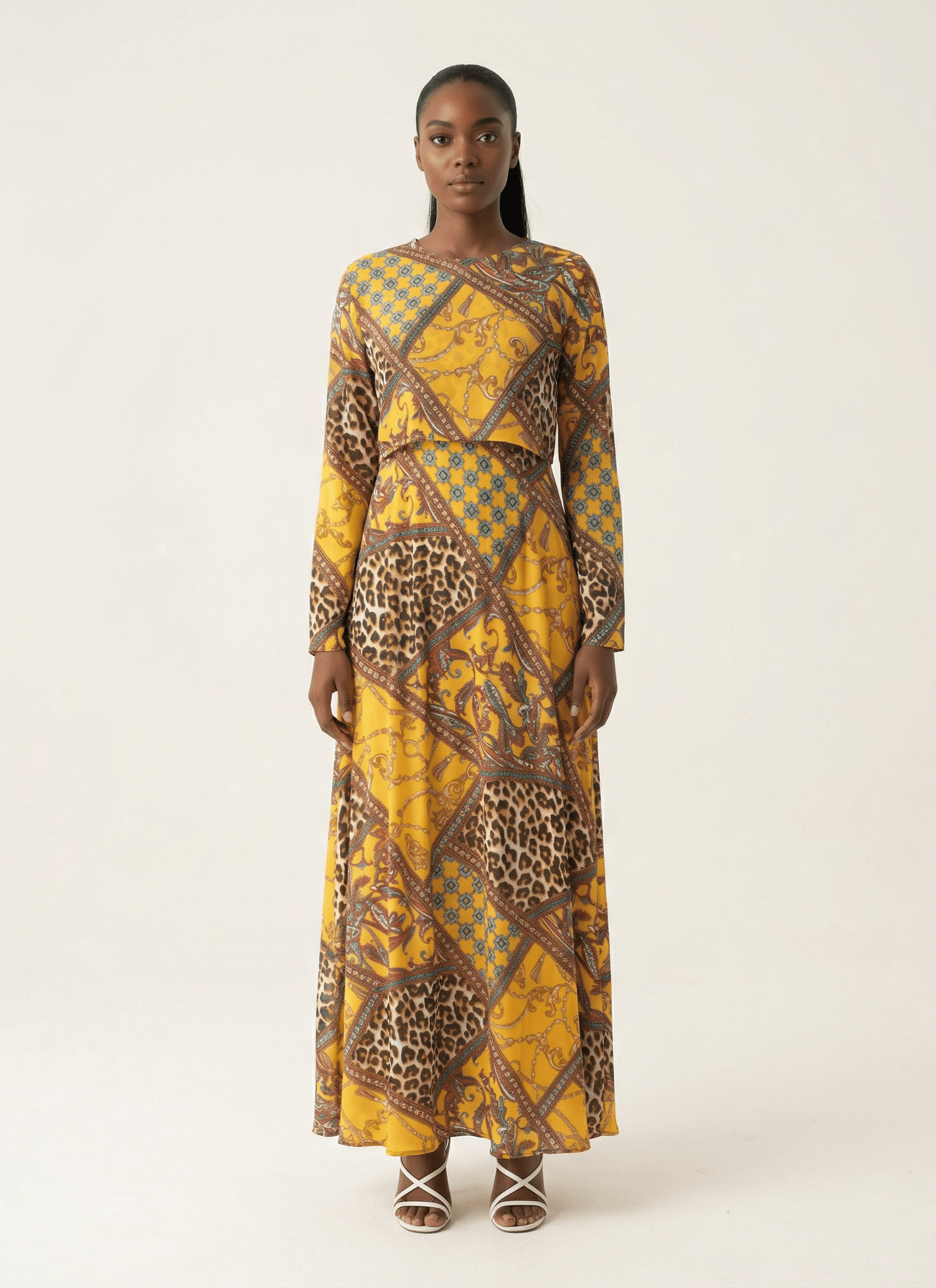 yellow mix media print maxi dress Kabayare