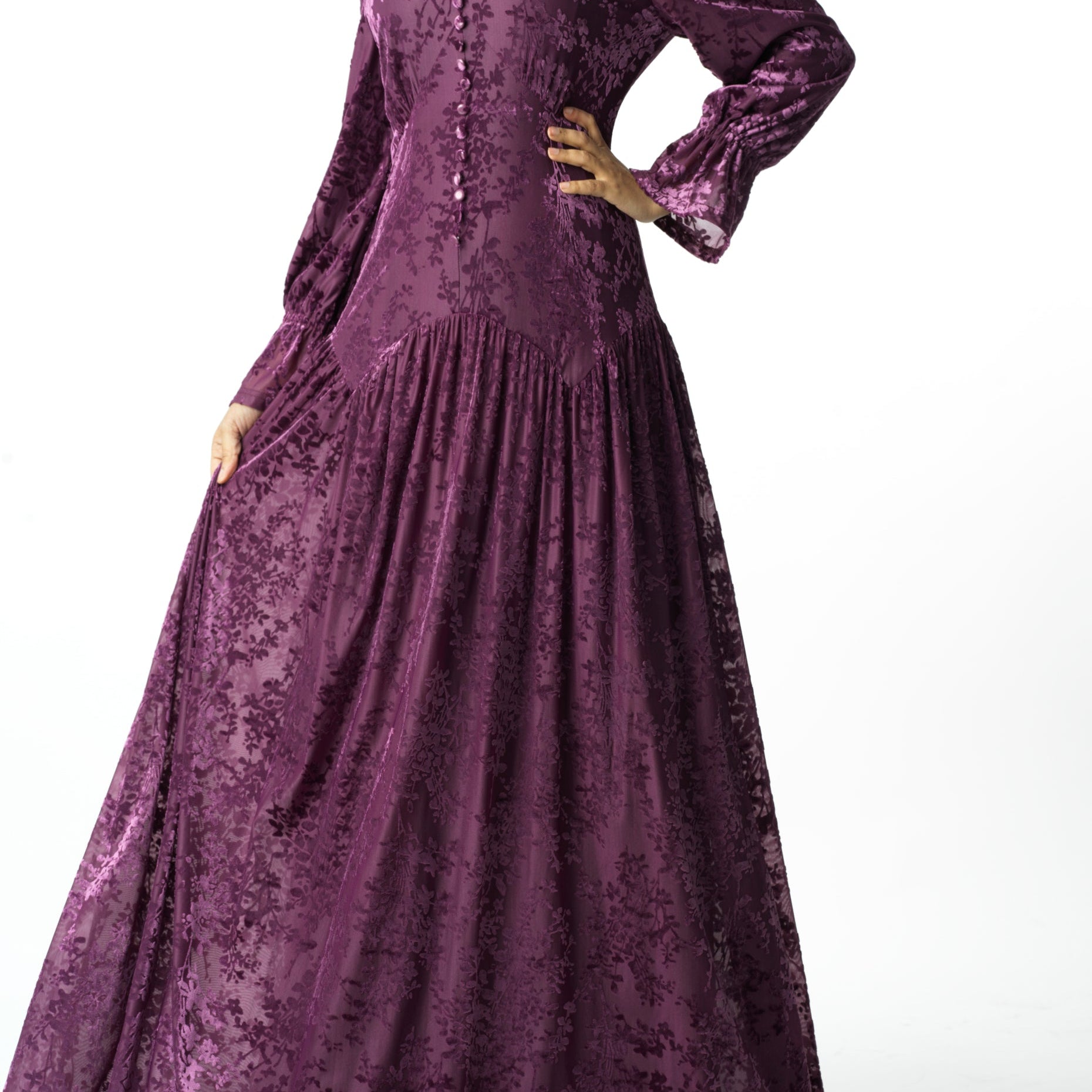 Zaria Eggplant velvet burnout modest maxi dress Kabayare