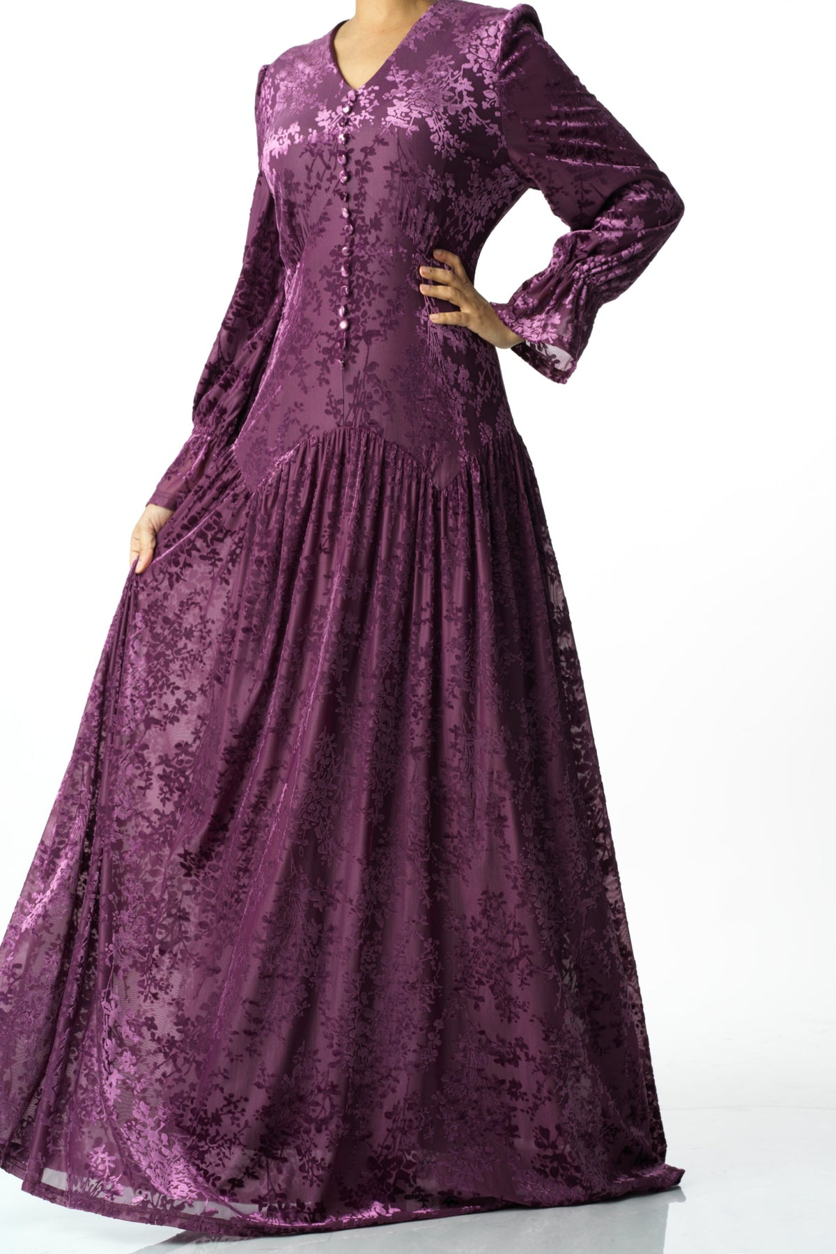 Zaria Eggplant velvet burnout modest maxi dress Kabayare