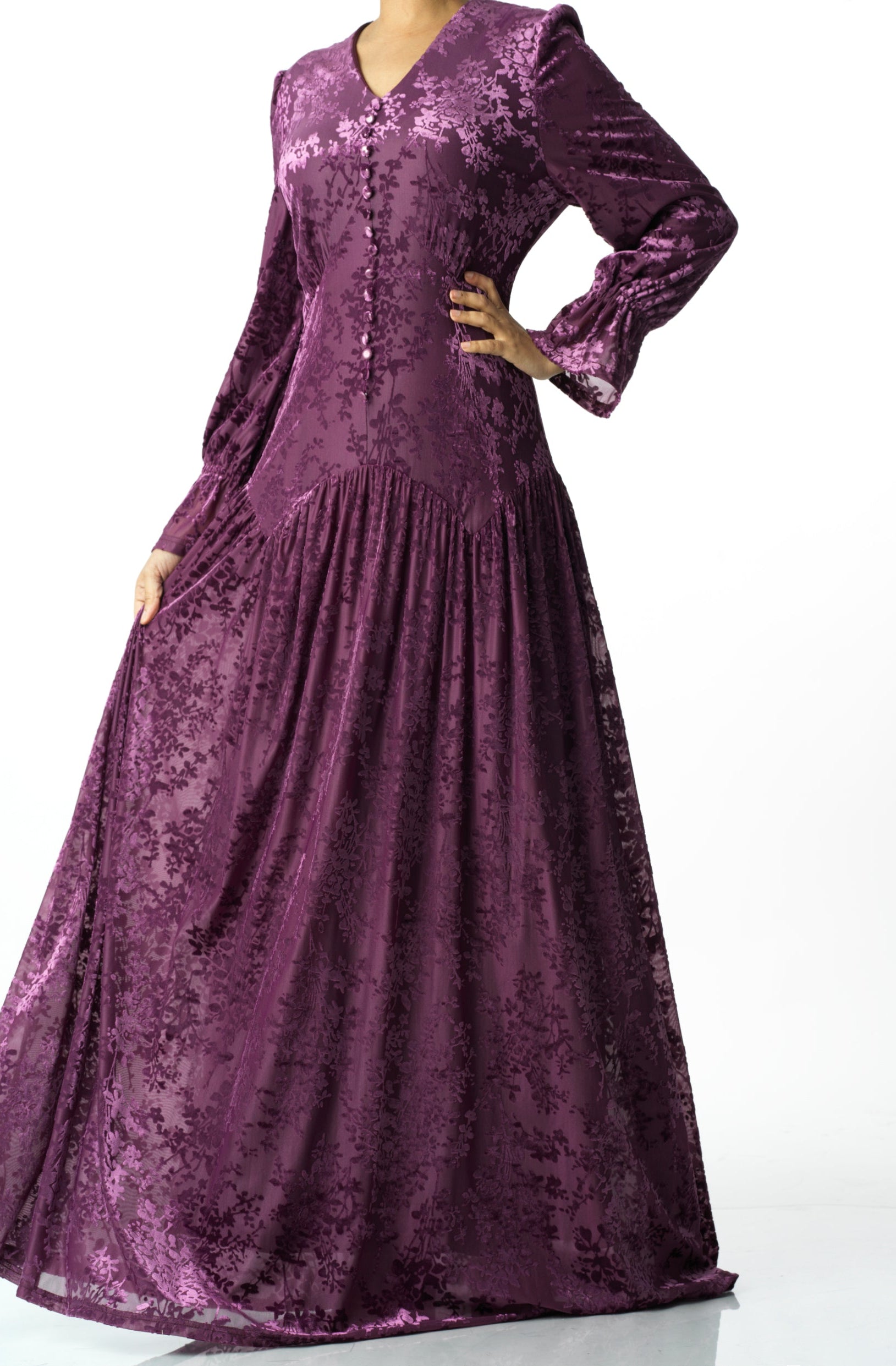 Zaria Eggplant velvet burnout modest maxi dress Kabayare