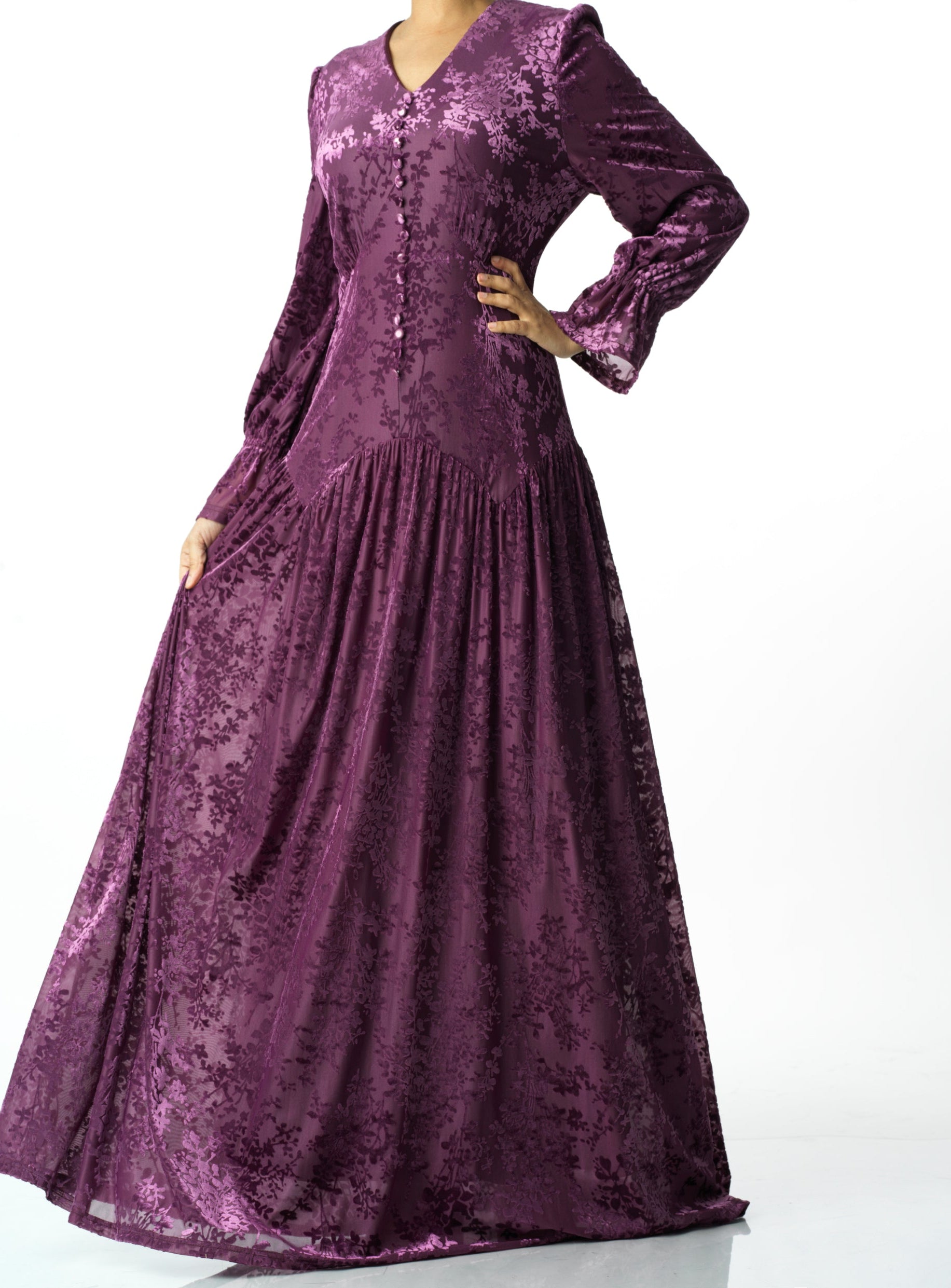 Zaria Eggplant velvet burnout modest maxi dress Kabayare