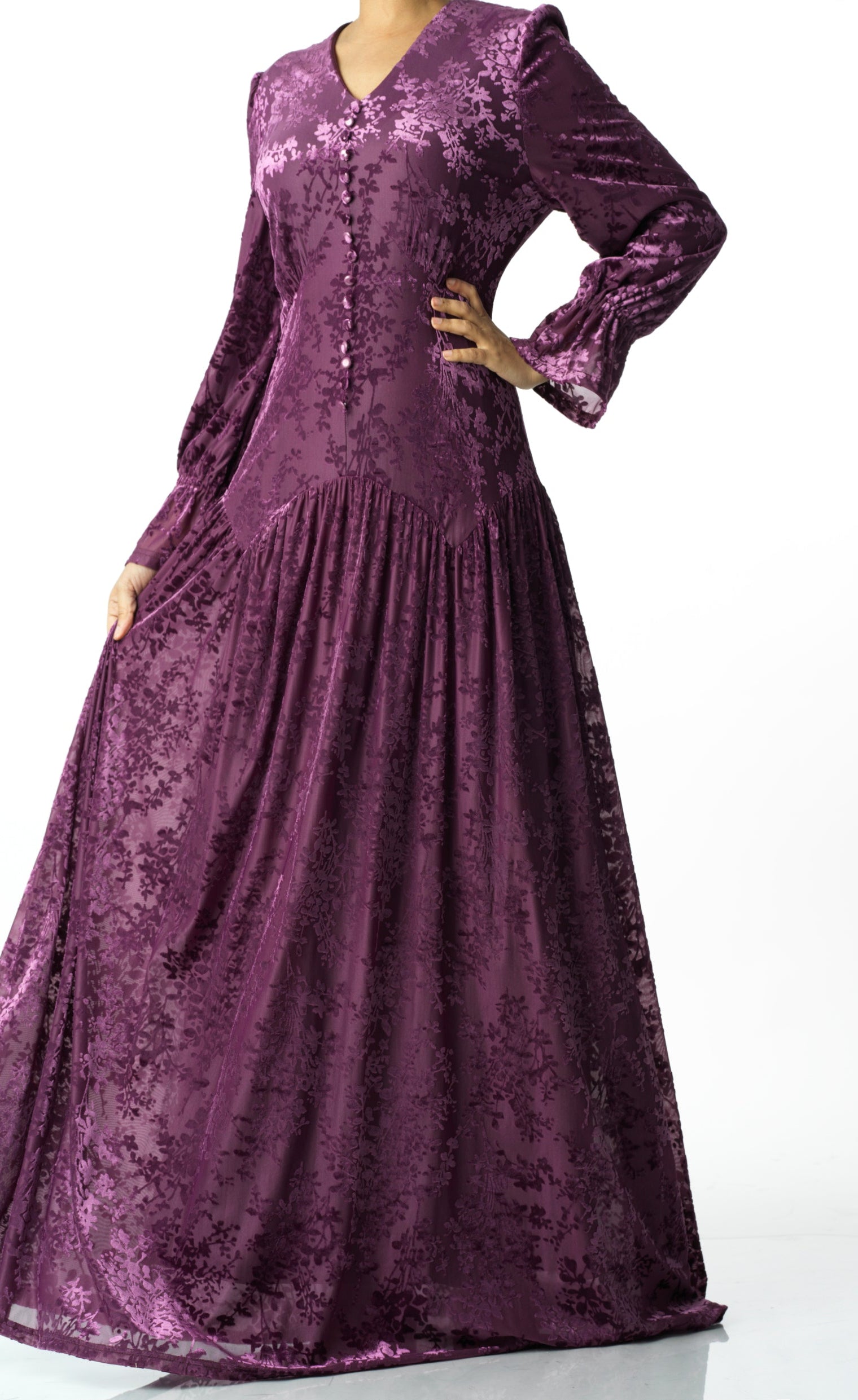 Zaria Eggplant velvet burnout modest maxi dress Kabayare