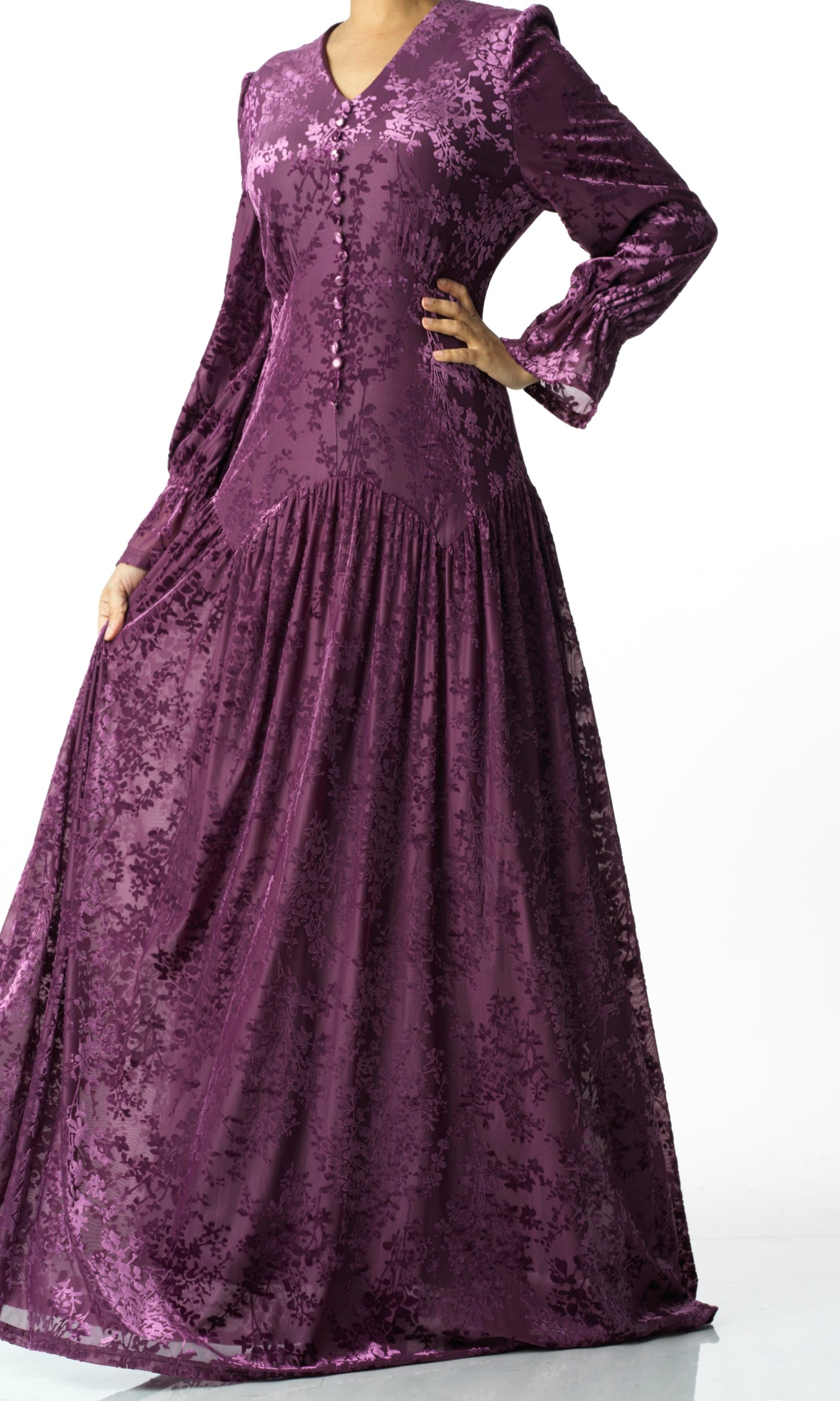 Zaria Eggplant velvet burnout modest maxi dress Kabayare
