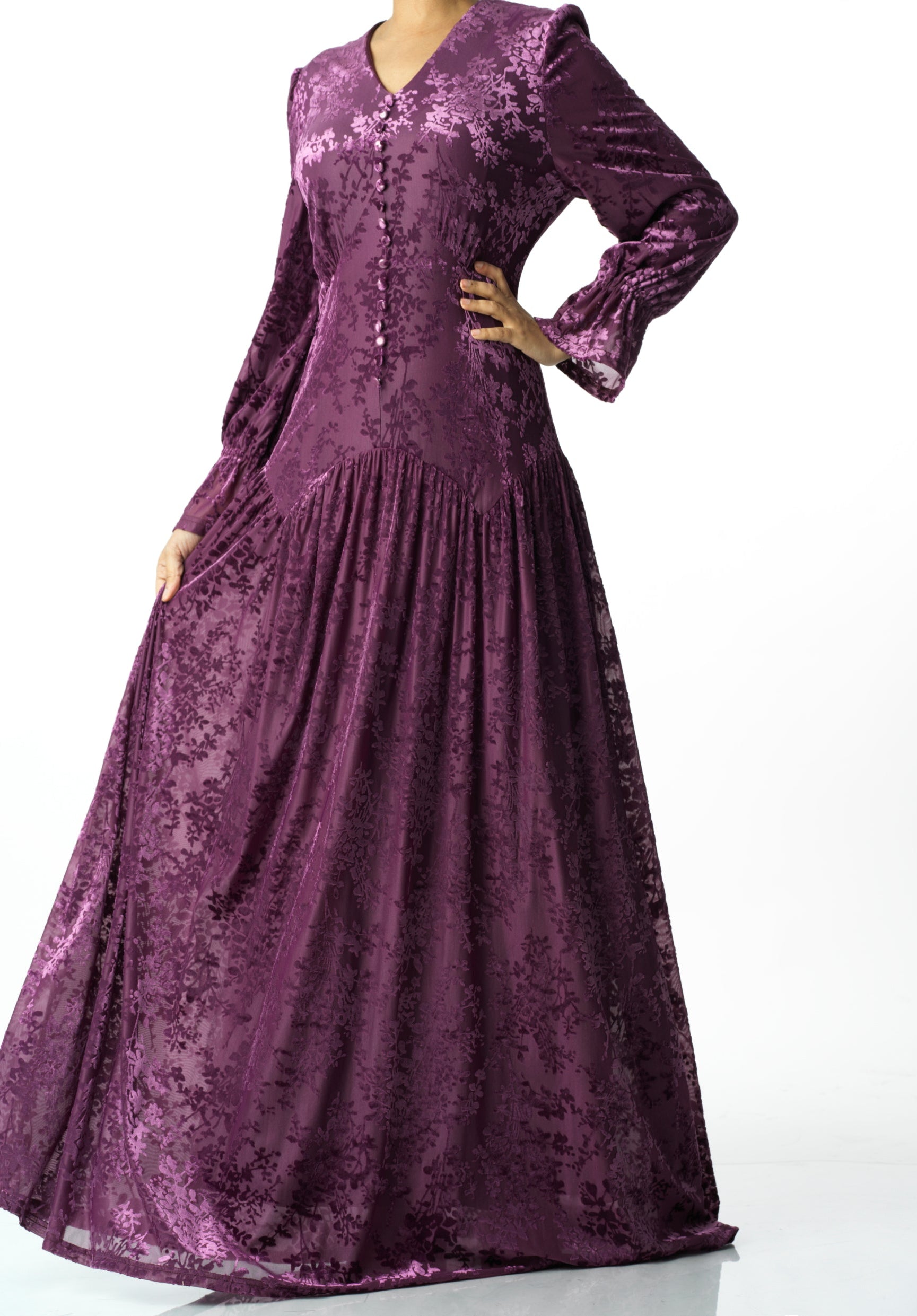 Zaria Eggplant velvet burnout modest maxi dress Kabayare