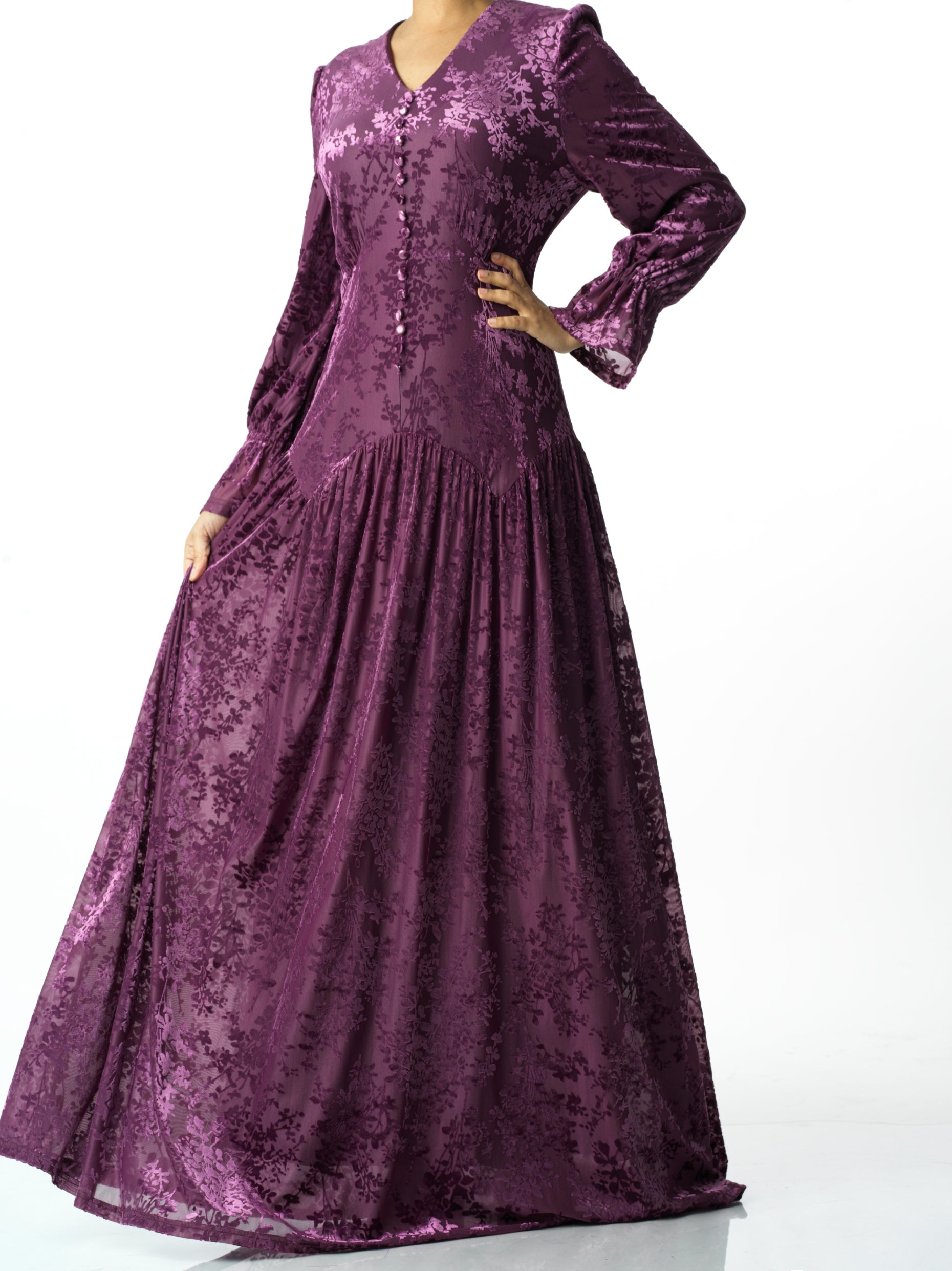 Zaria Eggplant velvet burnout modest maxi dress Kabayare