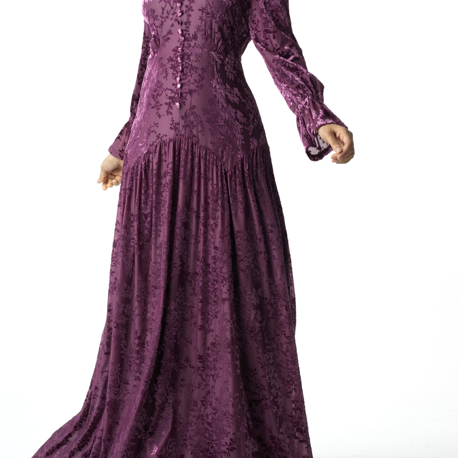 Zaria Eggplant velvet burnout modest maxi dress Kabayare