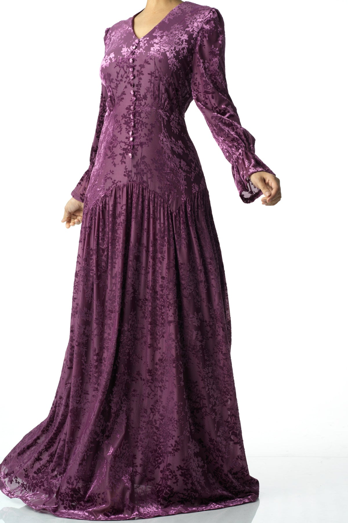 Zaria Eggplant velvet burnout modest maxi dress Kabayare