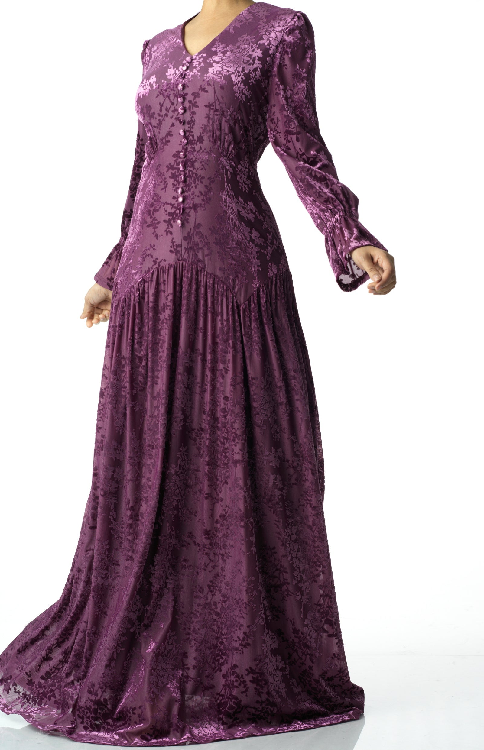 Zaria Eggplant velvet burnout modest maxi dress Kabayare