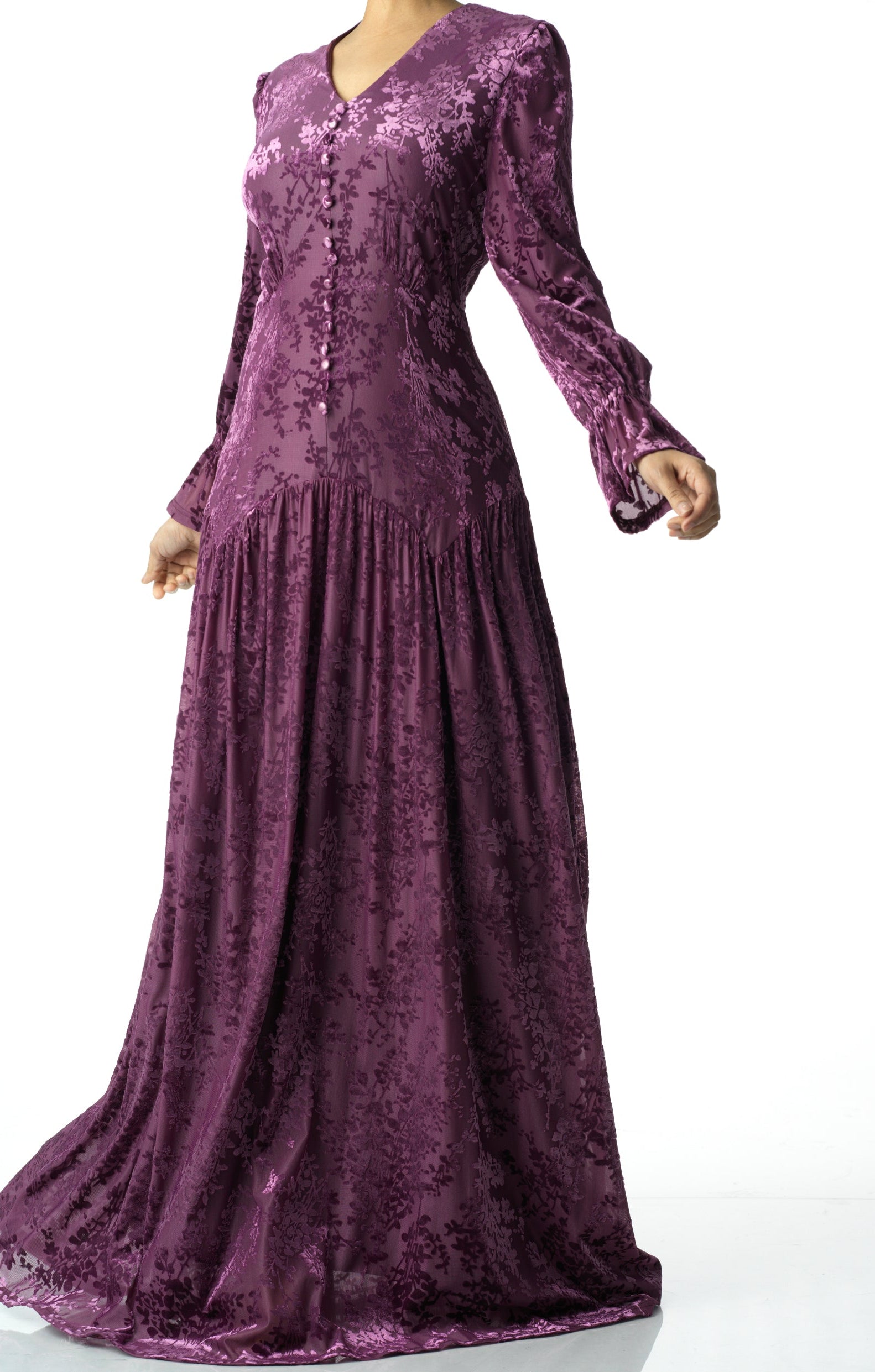 Zaria Eggplant velvet burnout modest maxi dress Kabayare
