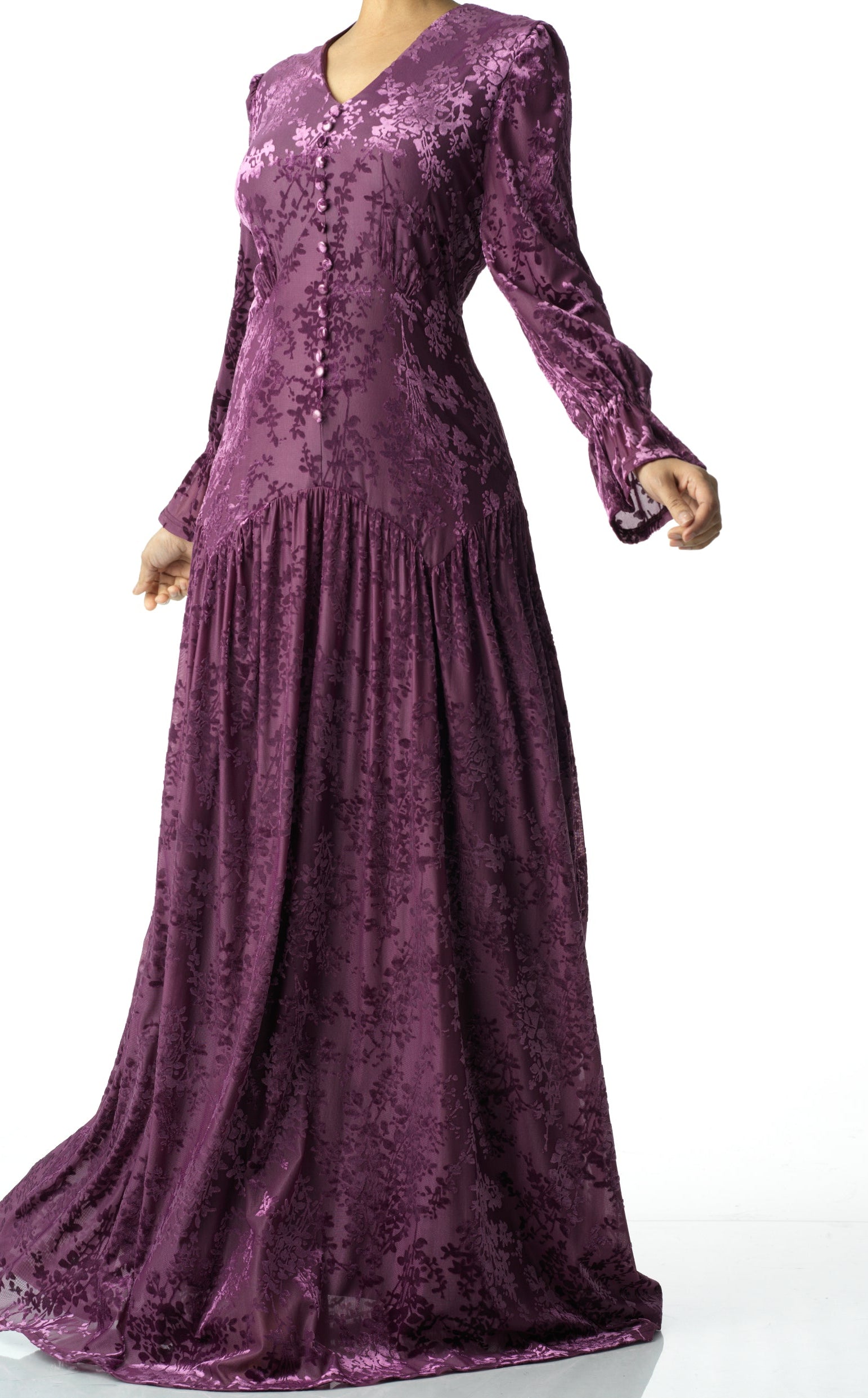 Zaria Eggplant velvet burnout modest maxi dress Kabayare