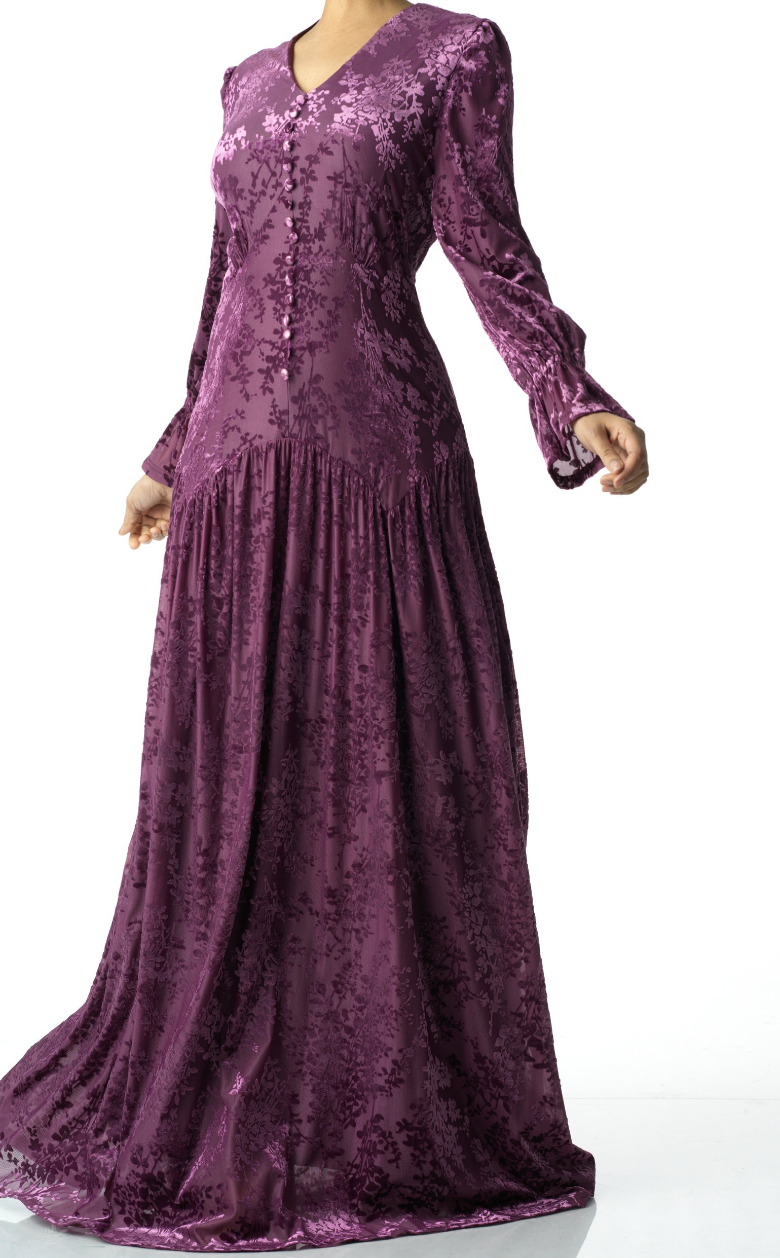 Zaria Eggplant velvet burnout modest maxi dress Kabayare