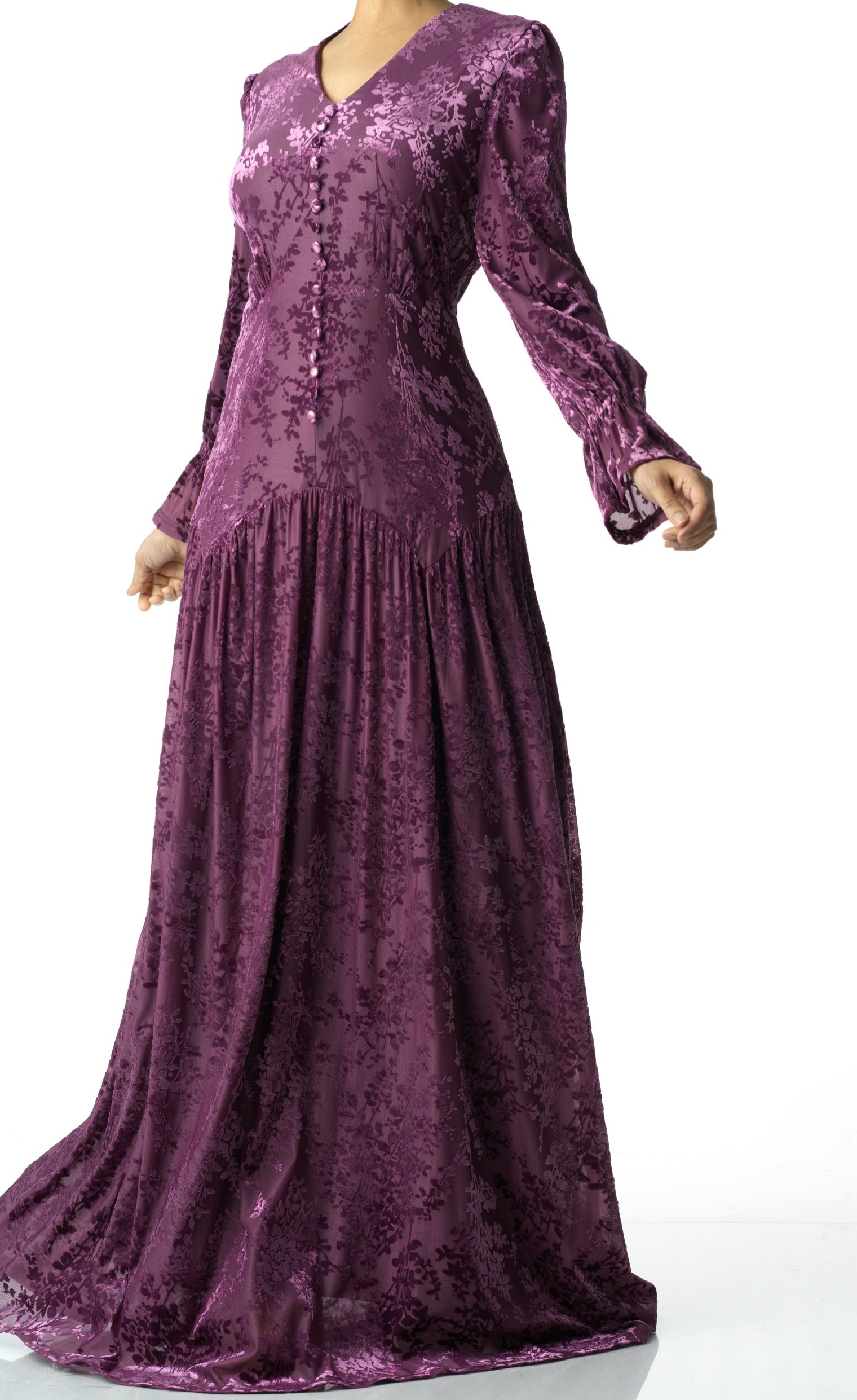 Zaria Eggplant velvet burnout modest maxi dress Kabayare