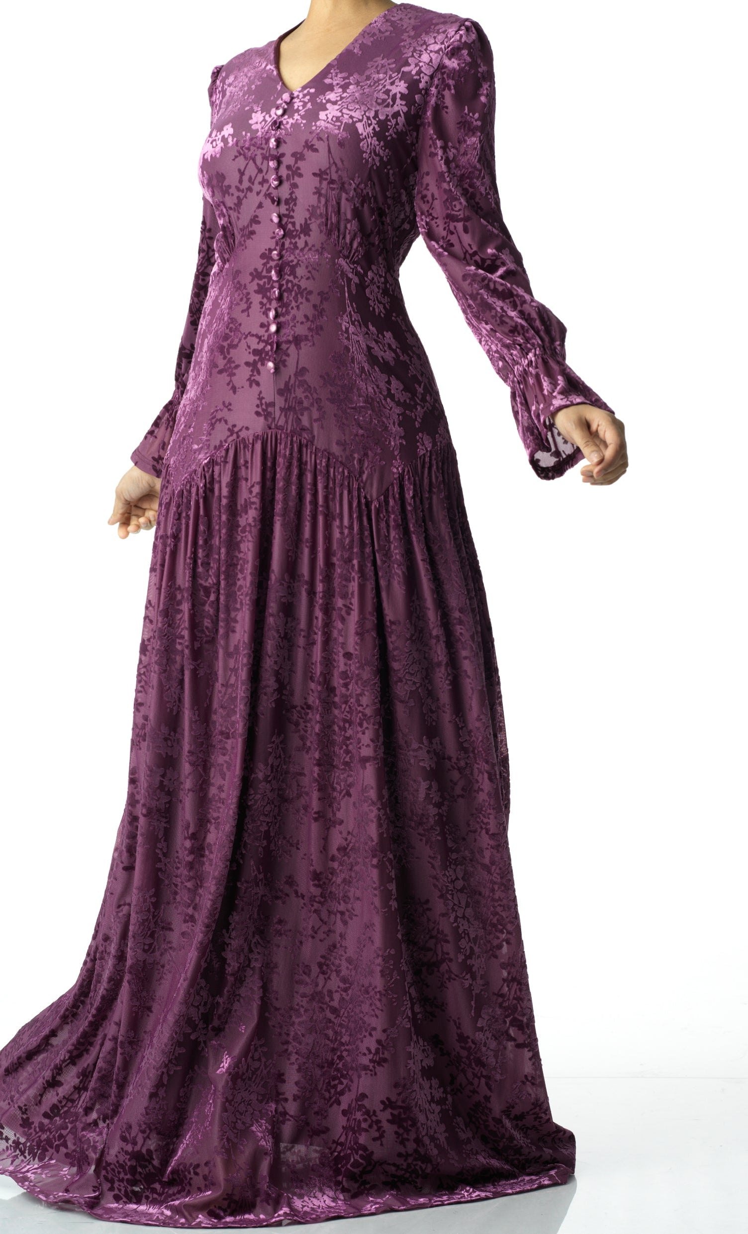 Zaria Eggplant velvet burnout modest maxi dress Kabayare