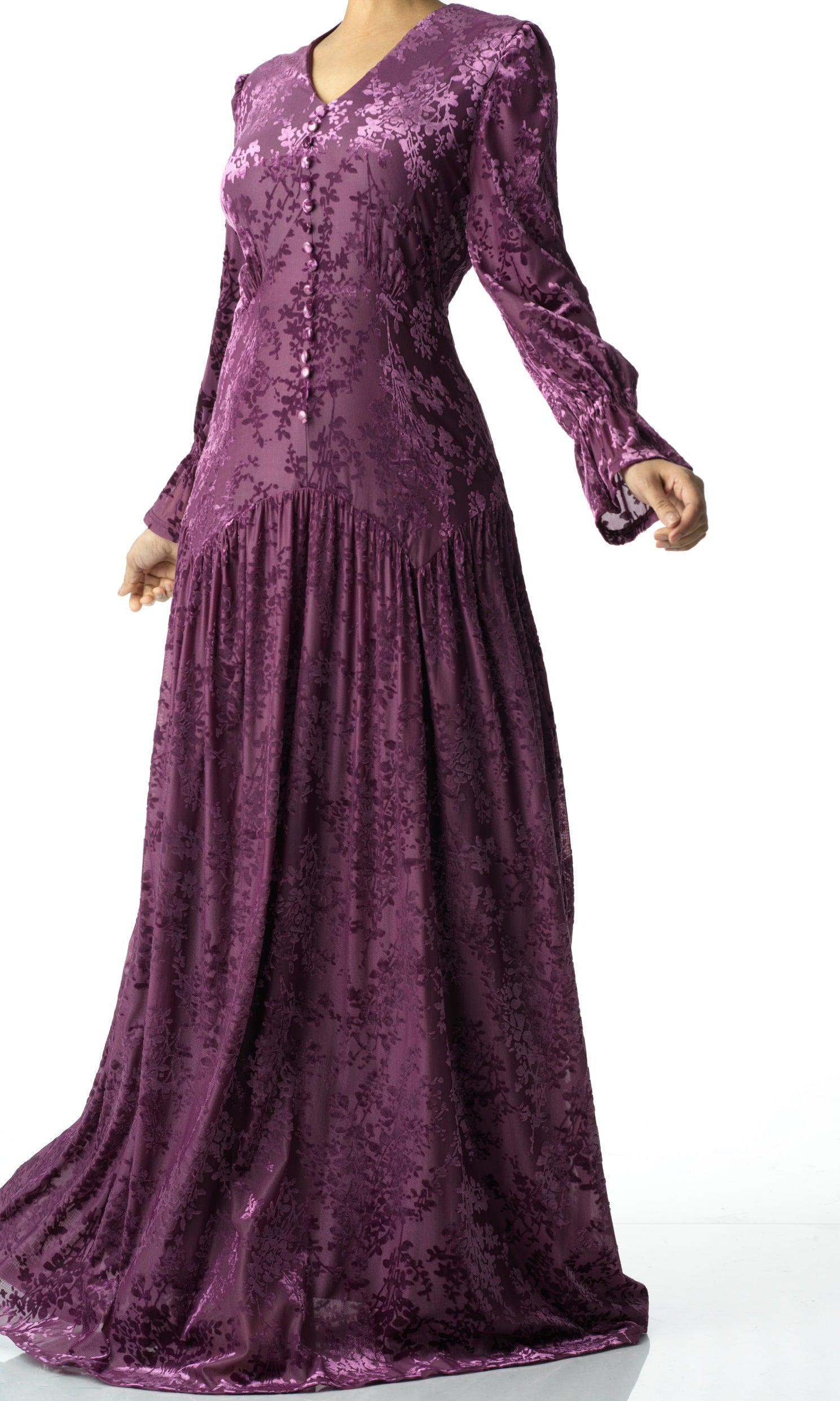 Zaria Eggplant velvet burnout modest maxi dress Kabayare