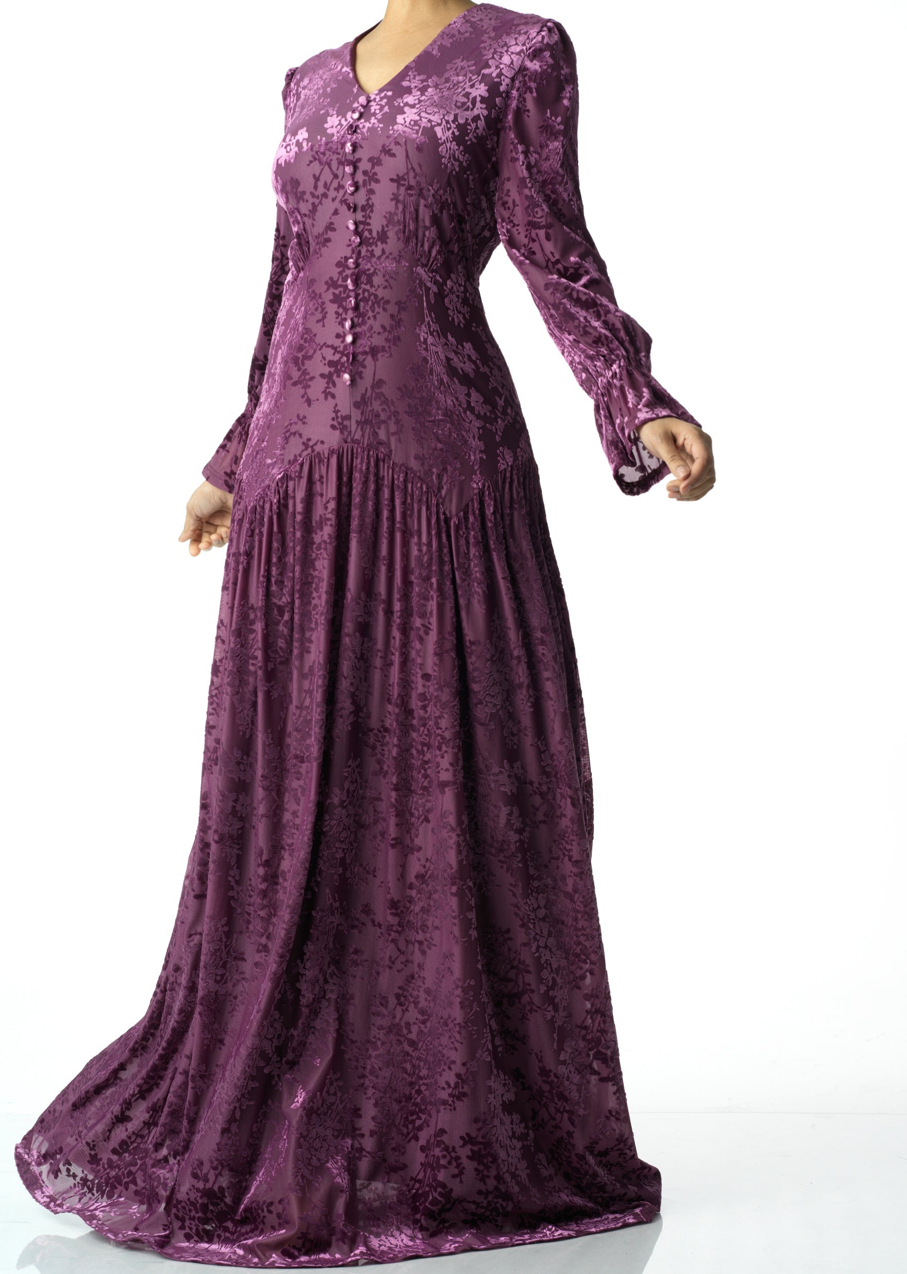 Zaria Eggplant velvet burnout modest maxi dress Kabayare